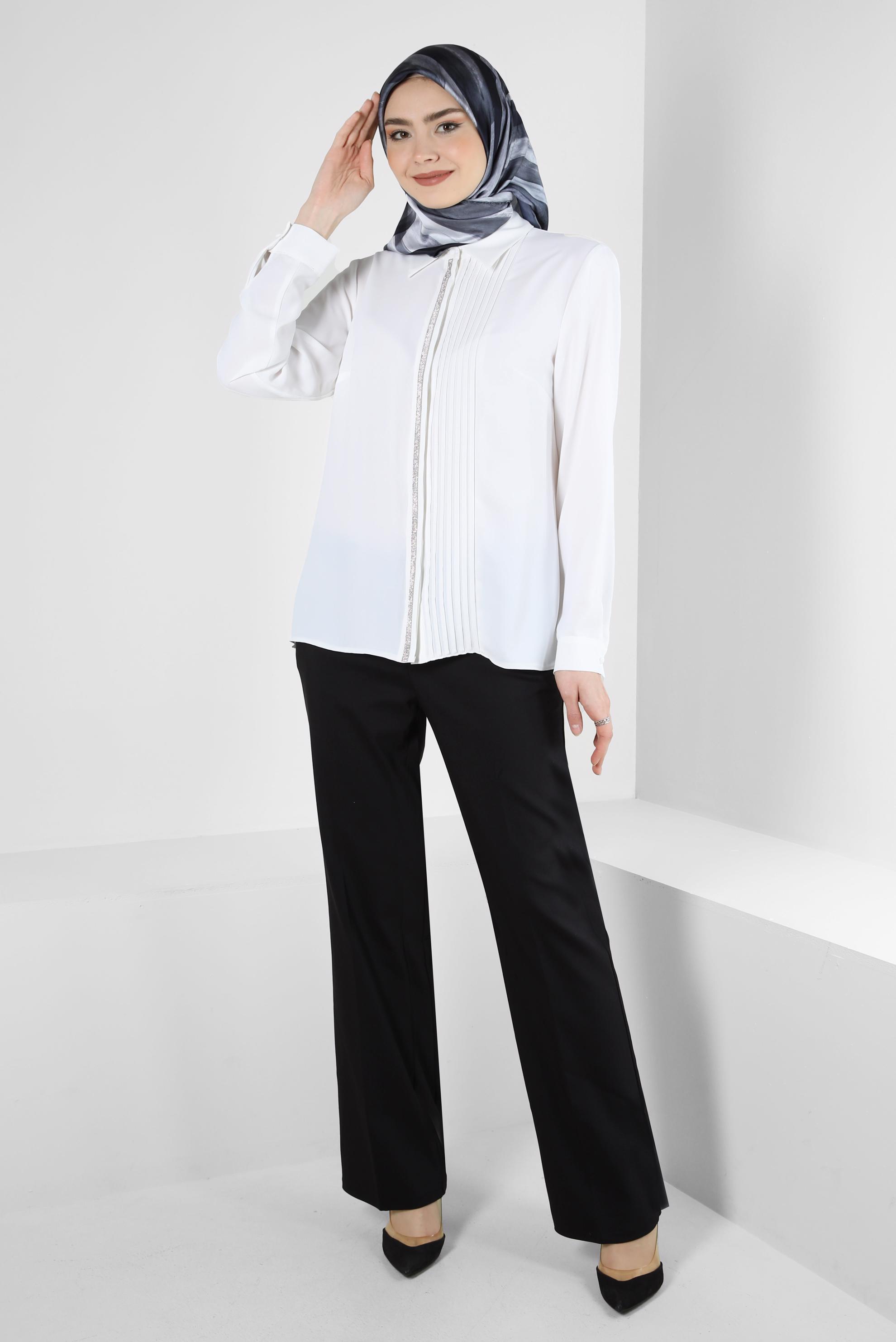 Tesettür giyim BEYAZ TAŞ DETAYLI GÖMLEK YAKA BLUZ 43574