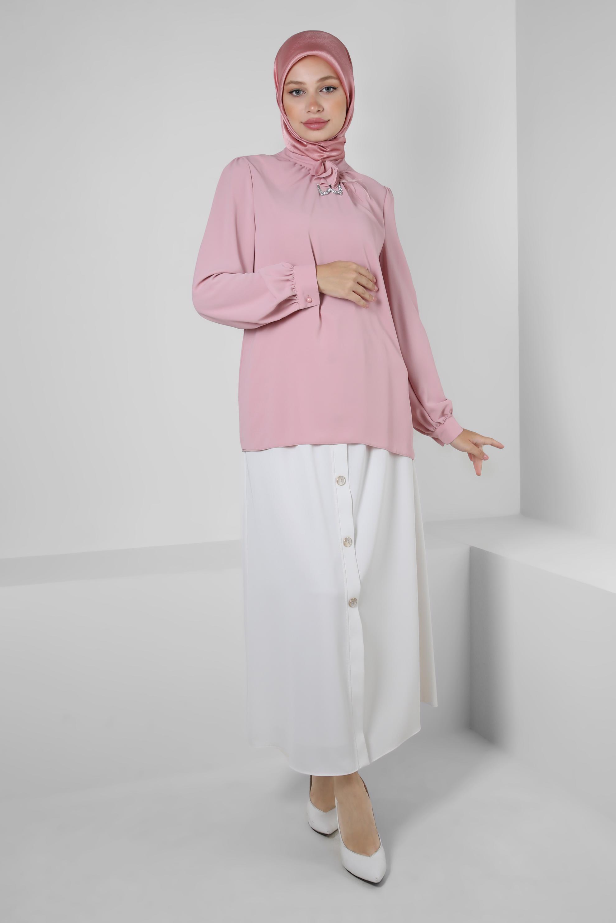 Tesettür giyim PUDRA ÇİÇEK DETAYLI TAŞLI BLUZ 43575