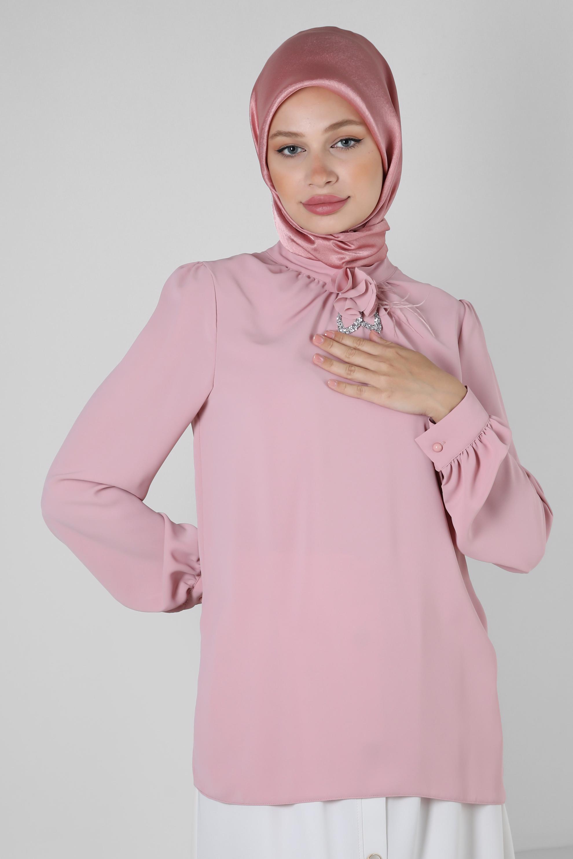 Tesettür giyim PUDRA ÇİÇEK DETAYLI TAŞLI BLUZ 43575