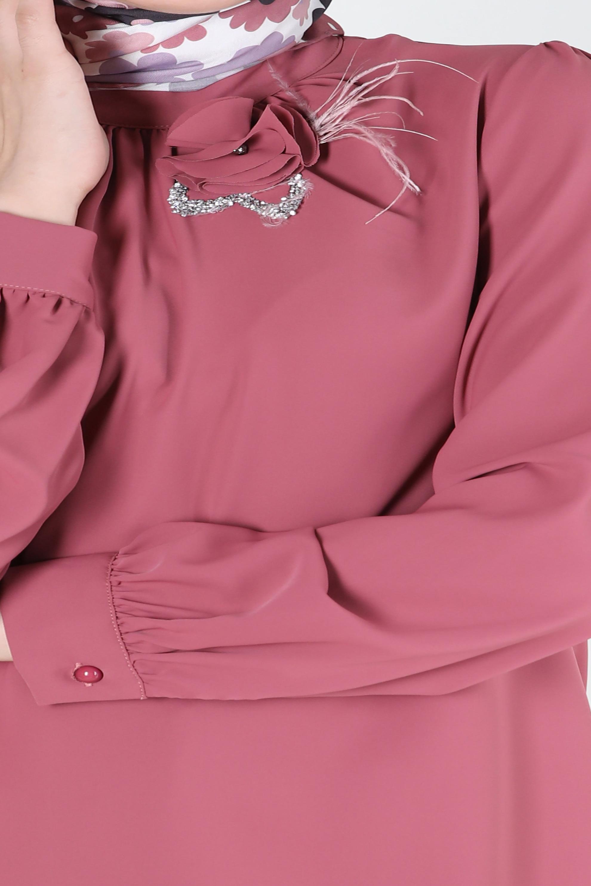 Tesettür giyim PEMBE ÇİÇEK DETAYLI TAŞLI BLUZ 43575