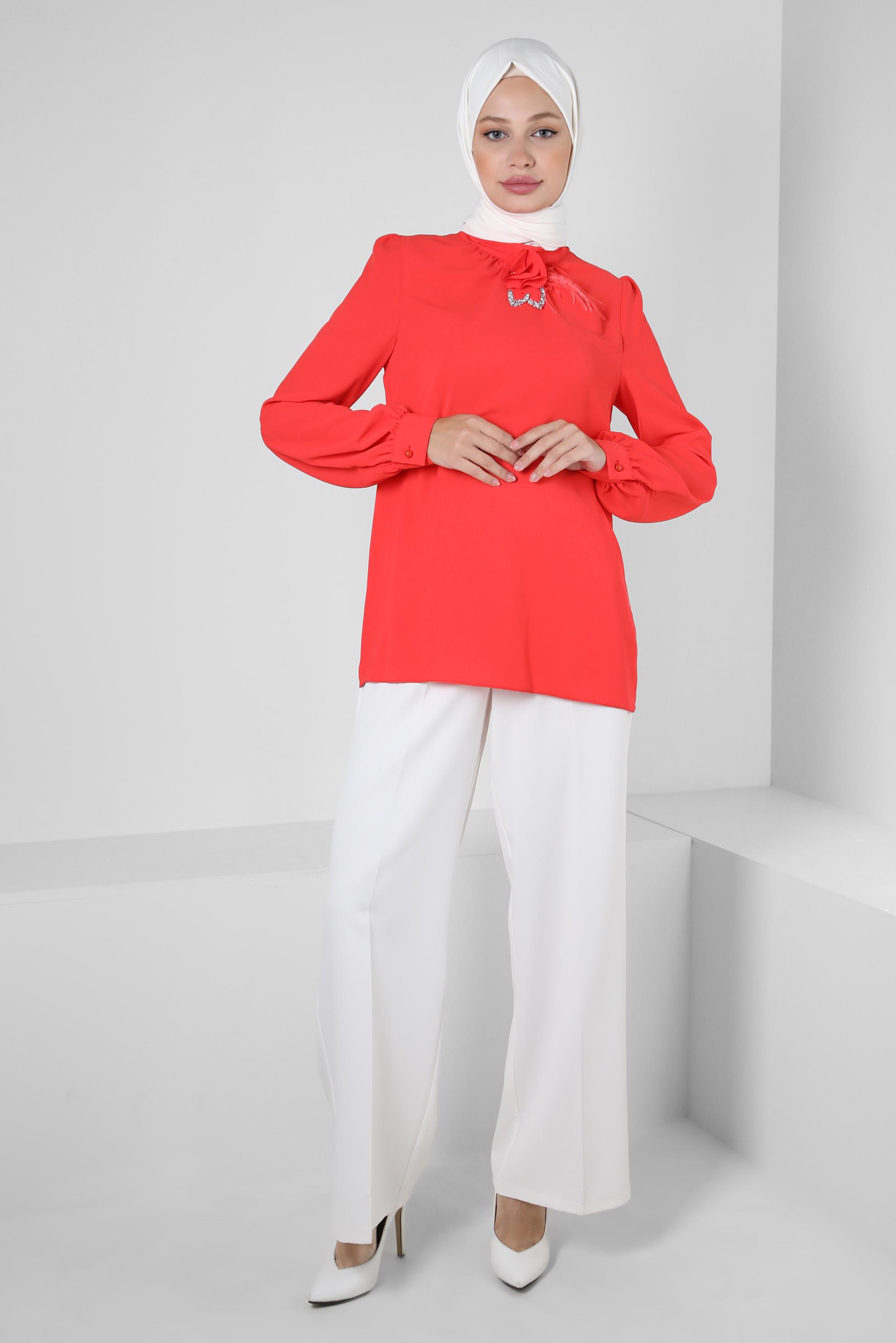 Vêtements hijab ROUGE BLOUSE AVEC FLEUR ACCESSOIRE 43575