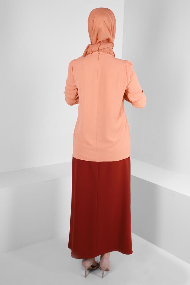 Tesettür giyim PEMBE ÇİÇEK DETAYLI TAŞLI BLUZ 43575 - ALVİNA