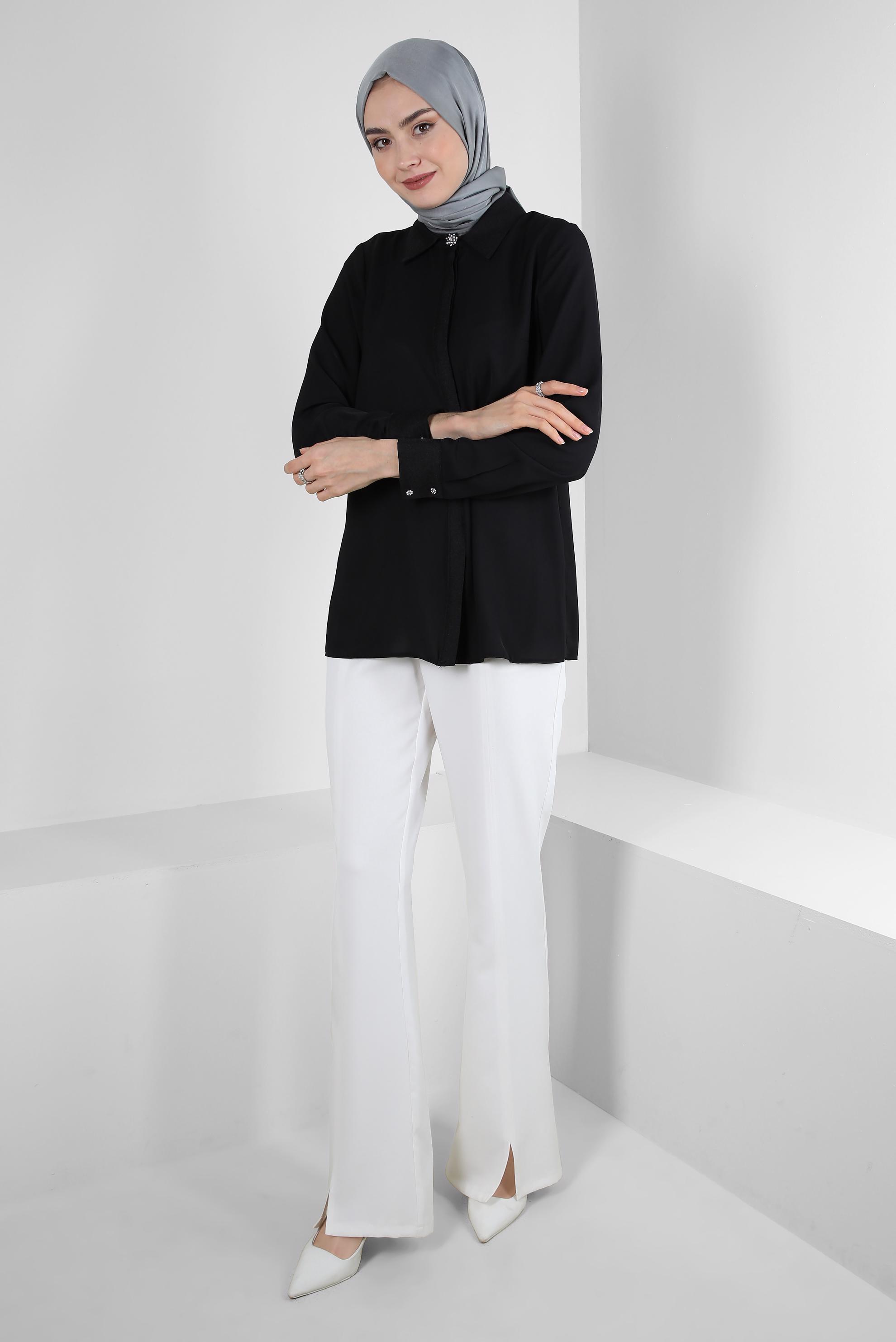 Tesettür giyim SİYAH GÖMLEK YAKA MANŞETLERİ DÜĞMELİ BLUZ 43576