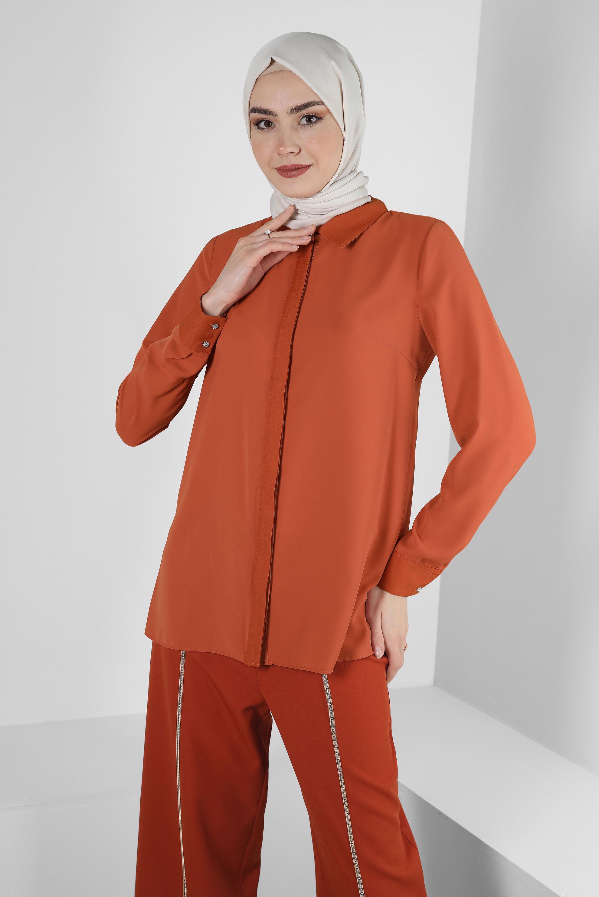 Tesettür giyim TABA GÖMLEK YAKA MANŞETLERİ DÜĞMELİ BLUZ 43576