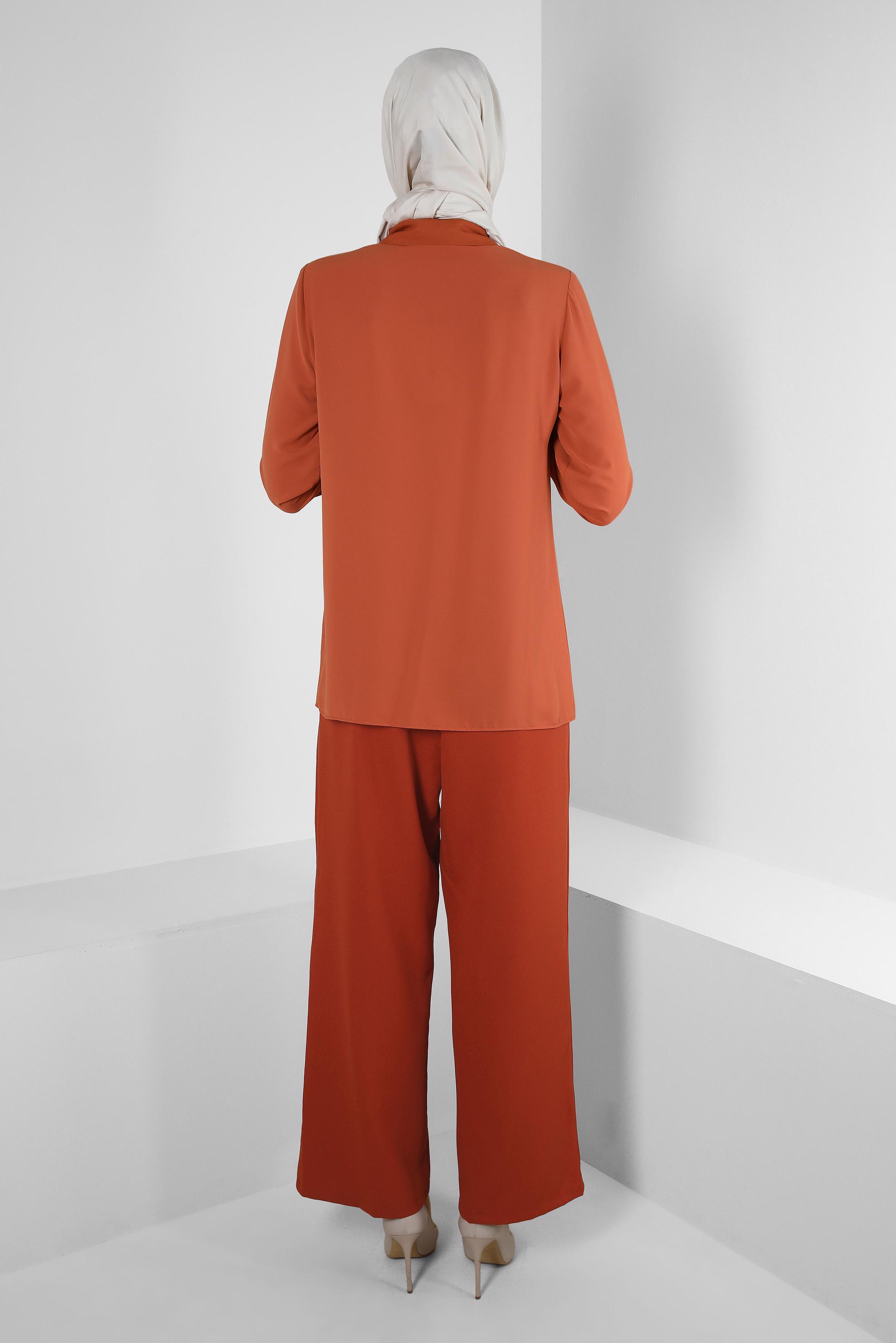 Tesettür giyim TABA GÖMLEK YAKA MANŞETLERİ DÜĞMELİ BLUZ 43576