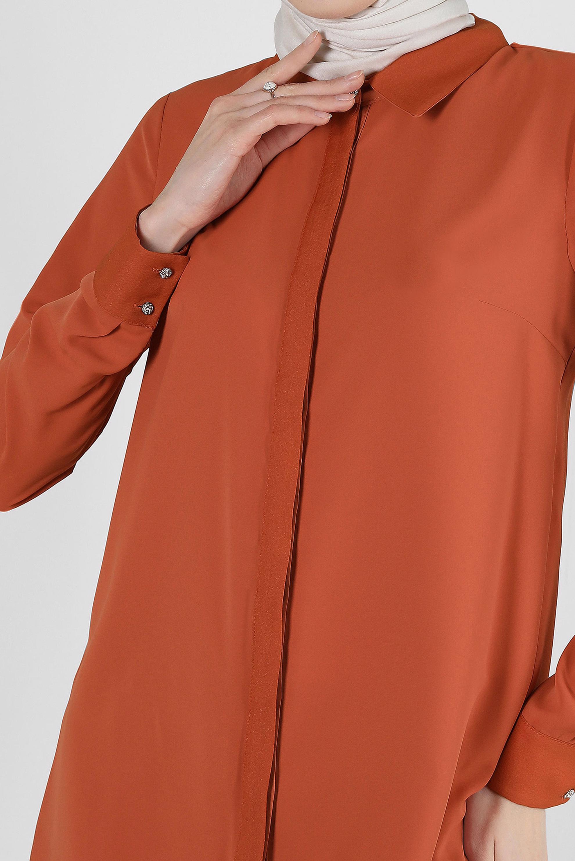 Tesettür giyim TABA GÖMLEK YAKA MANŞETLERİ DÜĞMELİ BLUZ 43576