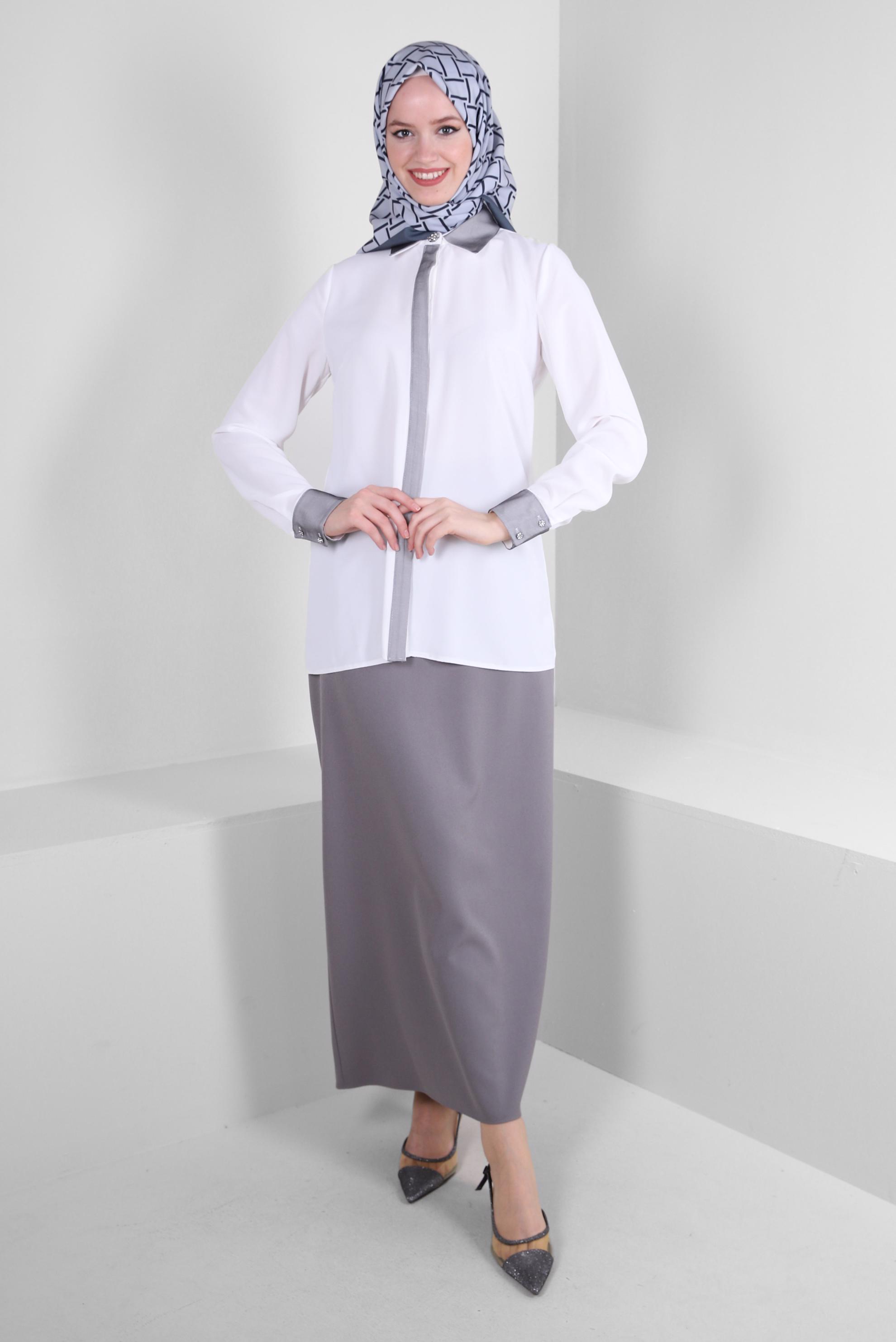 Tesettür giyim BEYAZ GÖMLEK YAKA MANŞETLERİ DÜĞMELİ BLUZ 43576