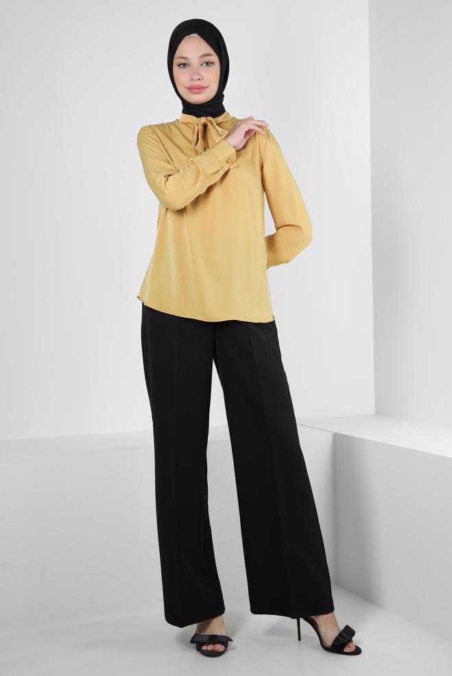 Tesettür giyim SARI FULAR YAKA MANŞETLERİ DÜĞMELİ BLUZ 43670	 - ALVİNA