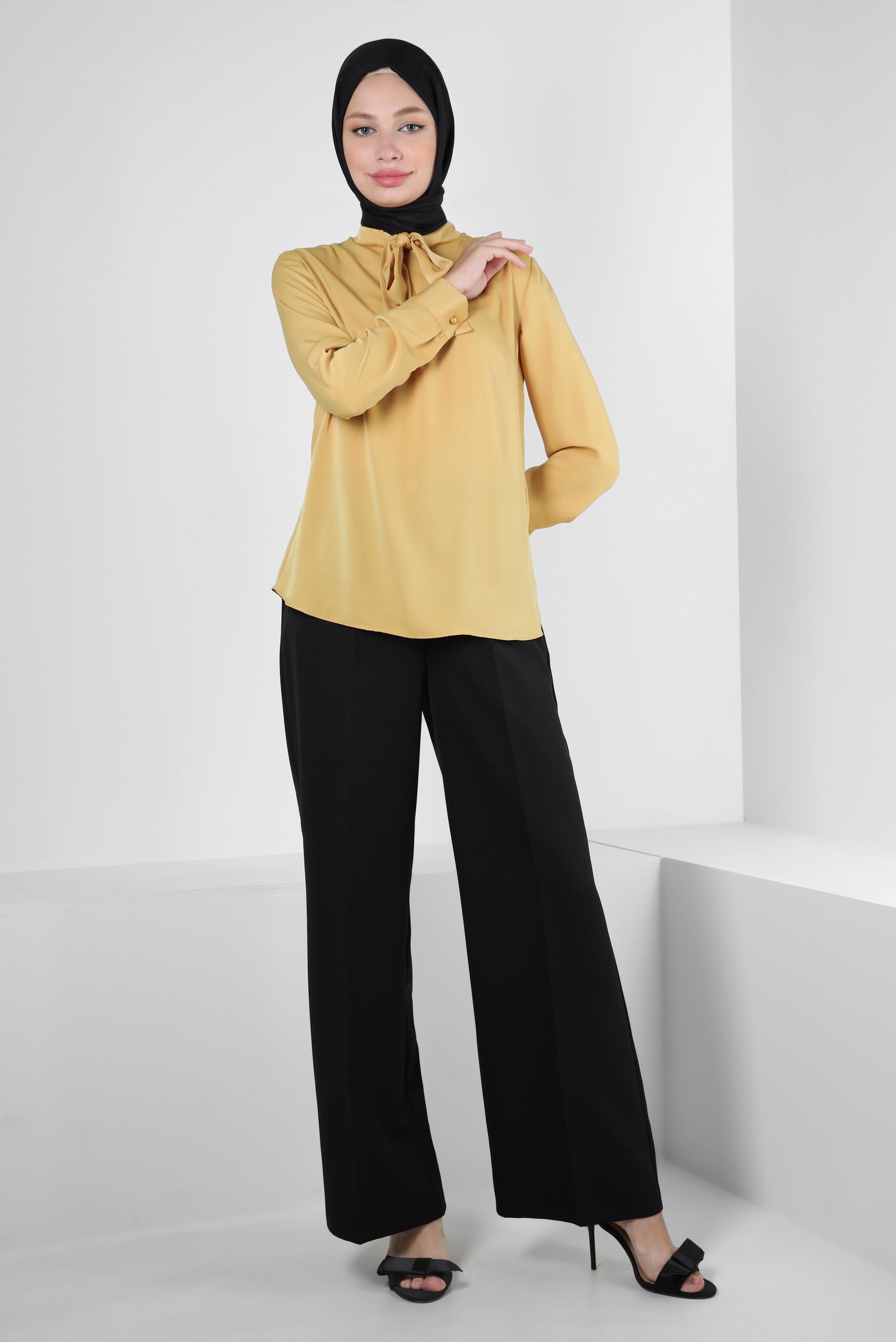 Tesettür giyim SARI FULAR YAKA MANŞETLERİ DÜĞMELİ BLUZ 43670	