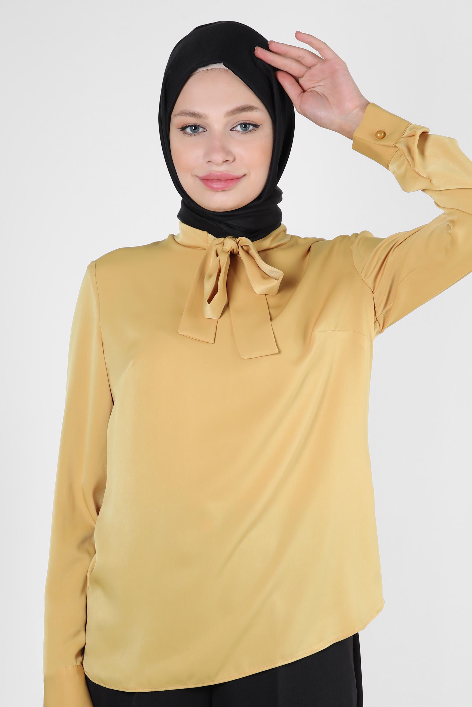 Tesettür giyim SARI FULAR YAKA MANŞETLERİ DÜĞMELİ BLUZ 43670	