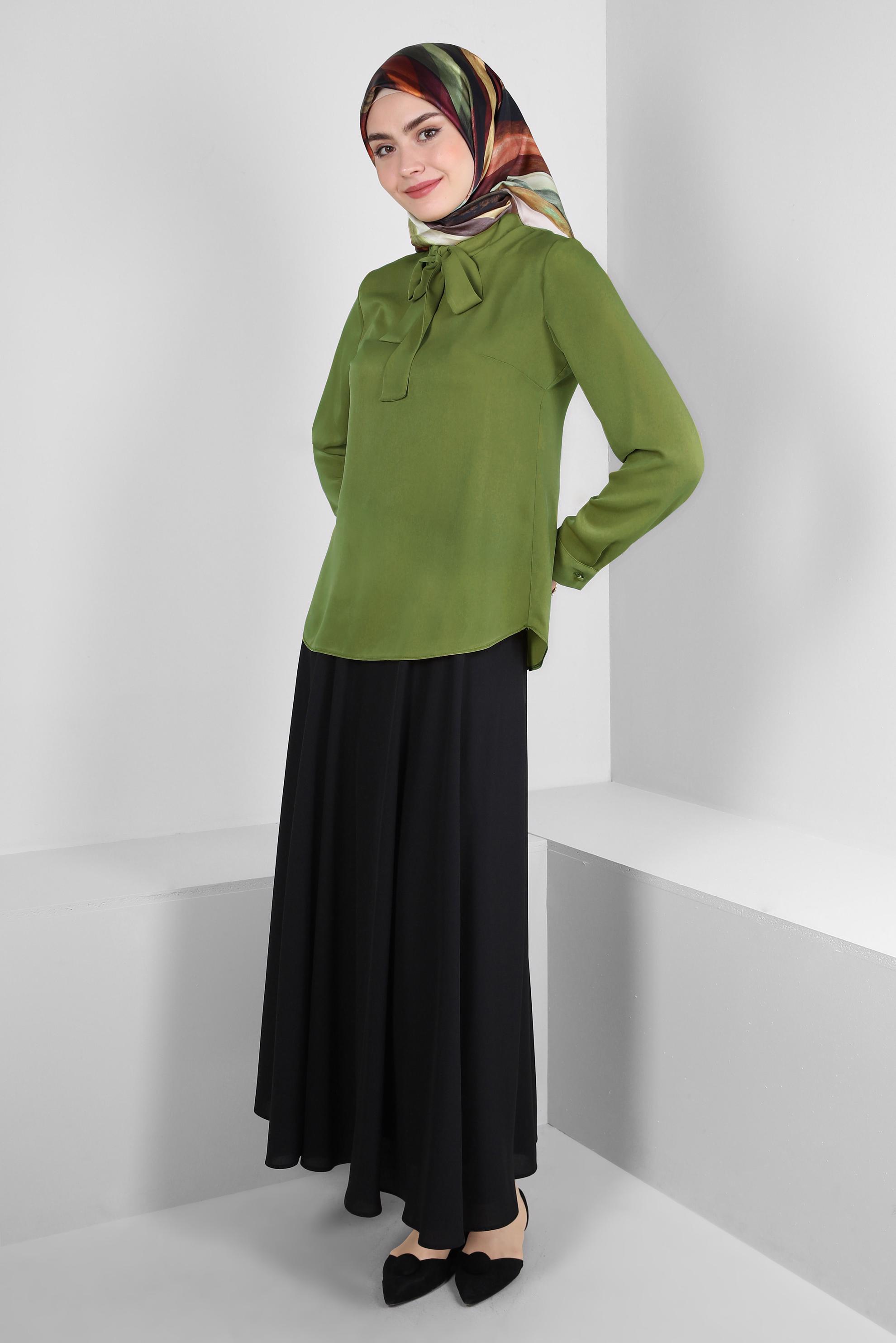 Hijab clothing KHAKI TIED COLLAR BLOUSE WITH BUTTONED CUFFS 43670	