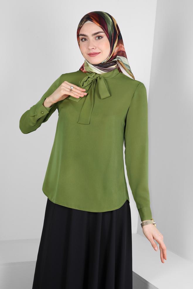 Hijab clothing KHAKI TIED COLLAR BLOUSE WITH BUTTONED CUFFS 43670	 - ALVİNA