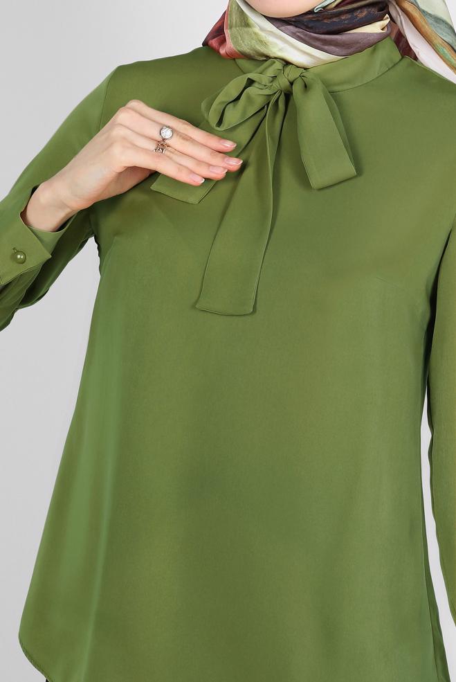 Hijab clothing KHAKI TIED COLLAR BLOUSE WITH BUTTONED CUFFS 43670	 - ALVİNA