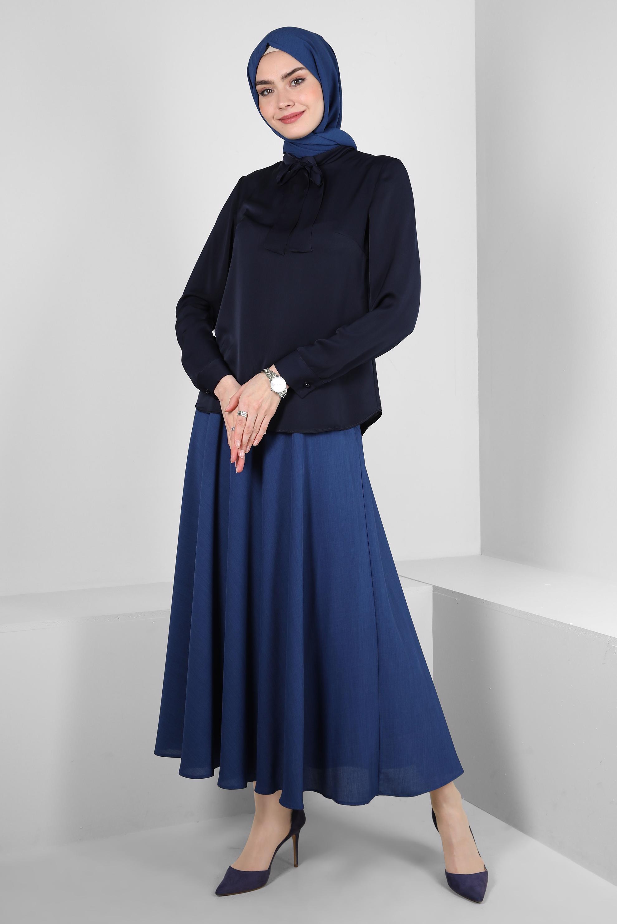 Tesettür giyim LACİVERT FULAR YAKA MANŞETLERİ DÜĞMELİ BLUZ 43670	