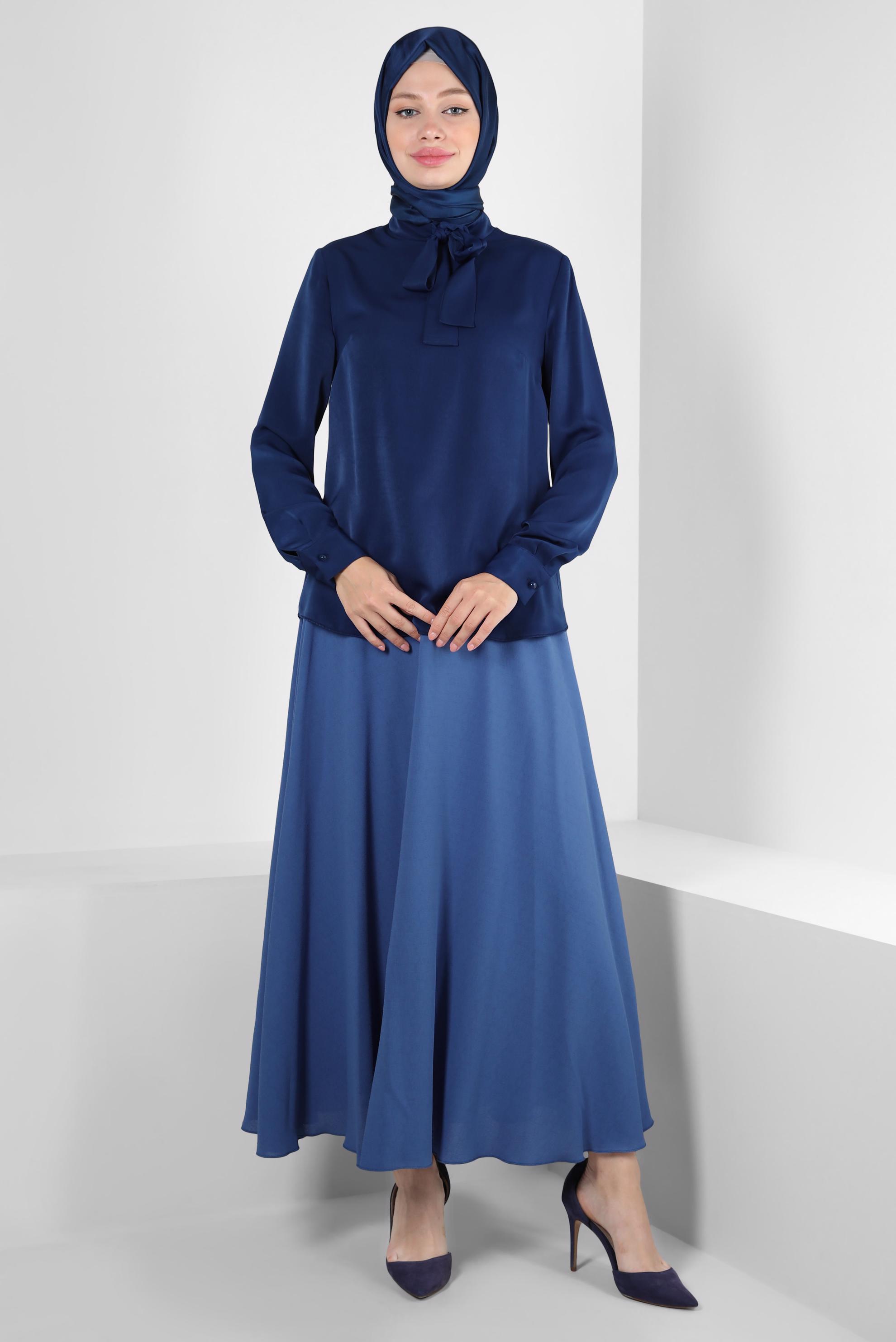 Vêtements hijab BLEU MARINE BLOUSE COL NOUÉ ET POIGNETS BOUTONS 43670