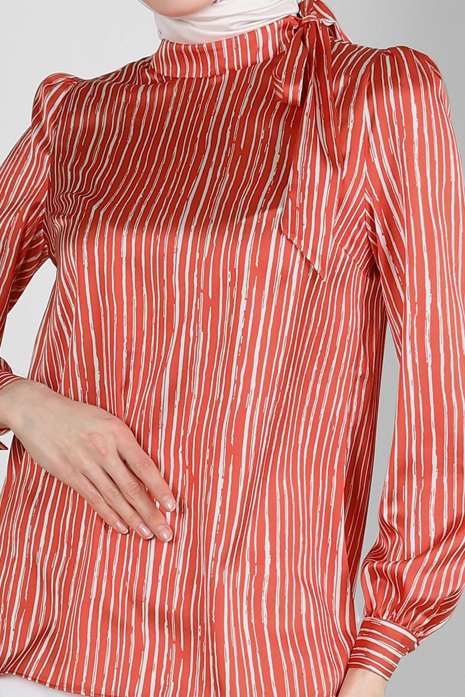 Tesettür giyim TURUNCU YAKASI BAĞLAMALI ÇİZGİLİ SATEN BLUZ 43713 