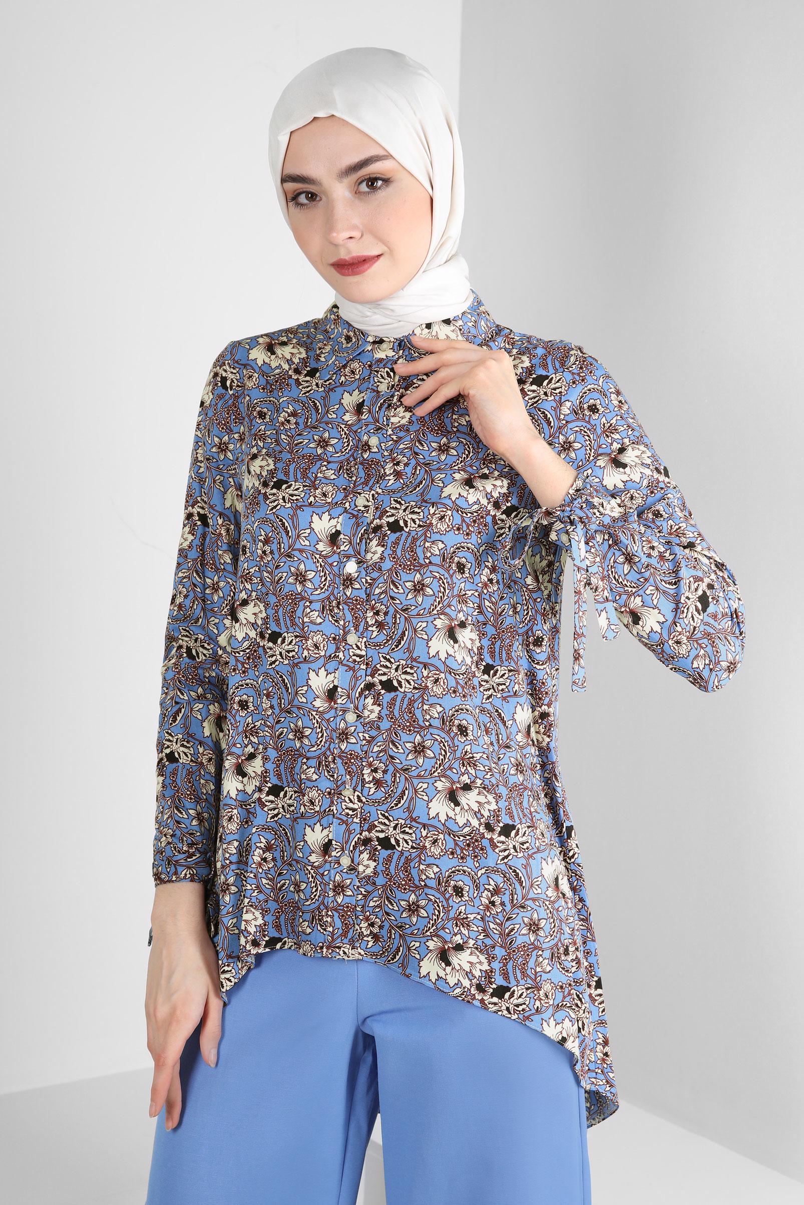 Tesettür giyim MAVİ DESENLİ MANŞETLERİ BAĞLAMA DETAYLI BLUZ 43714