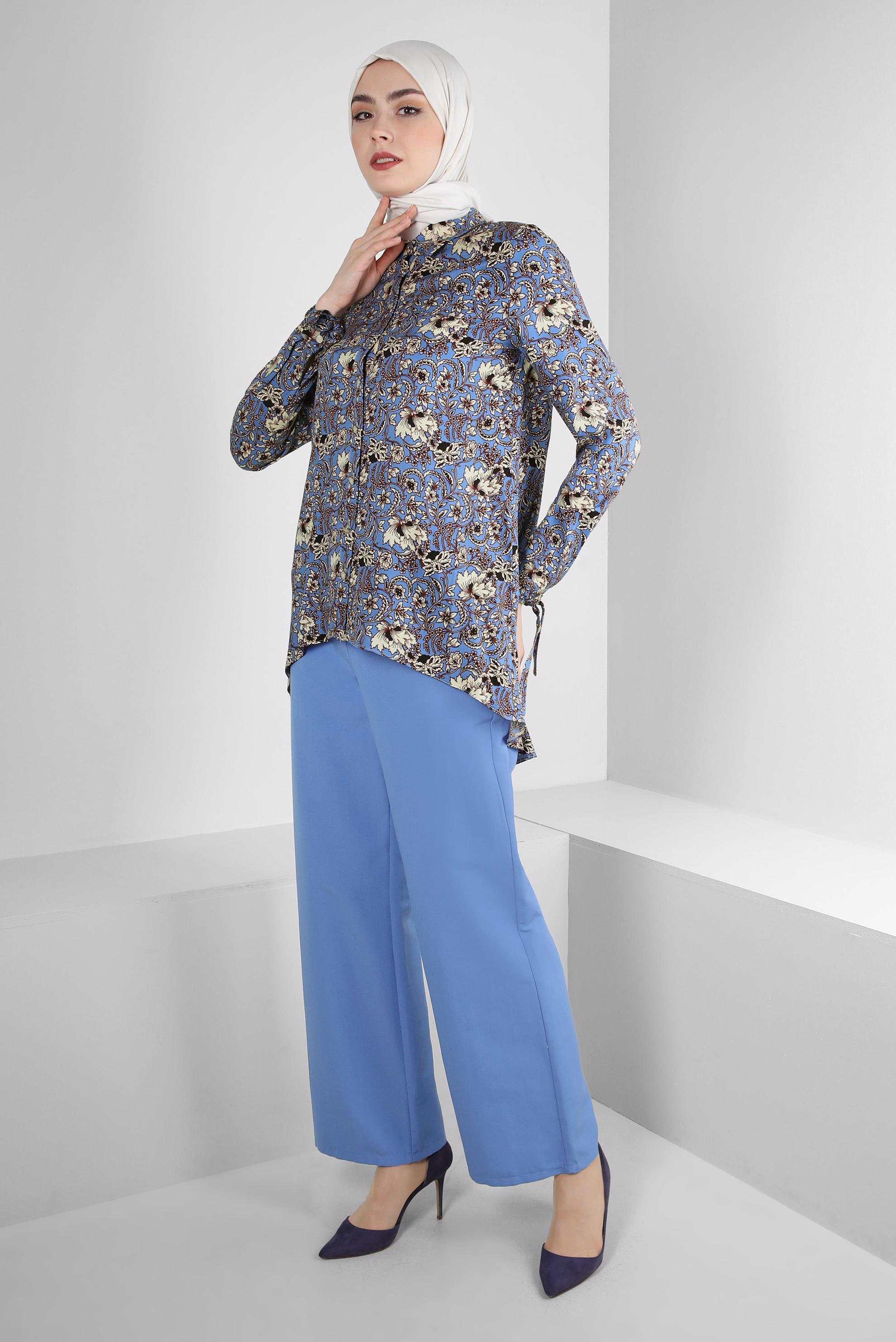 Tesettür giyim MAVİ DESENLİ MANŞETLERİ BAĞLAMA DETAYLI BLUZ 43714