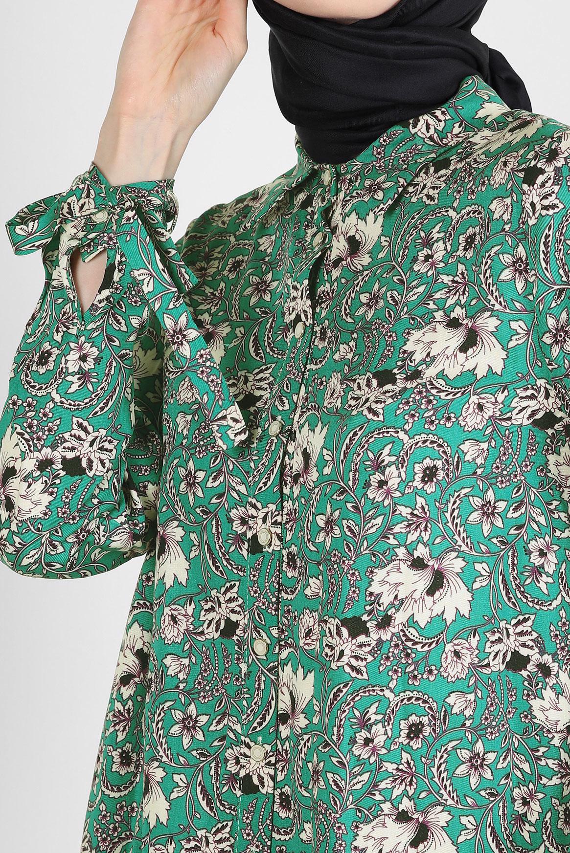 Tesettür giyim YEŞİL DESENLİ MANŞETLERİ BAĞLAMA DETAYLI BLUZ 43714