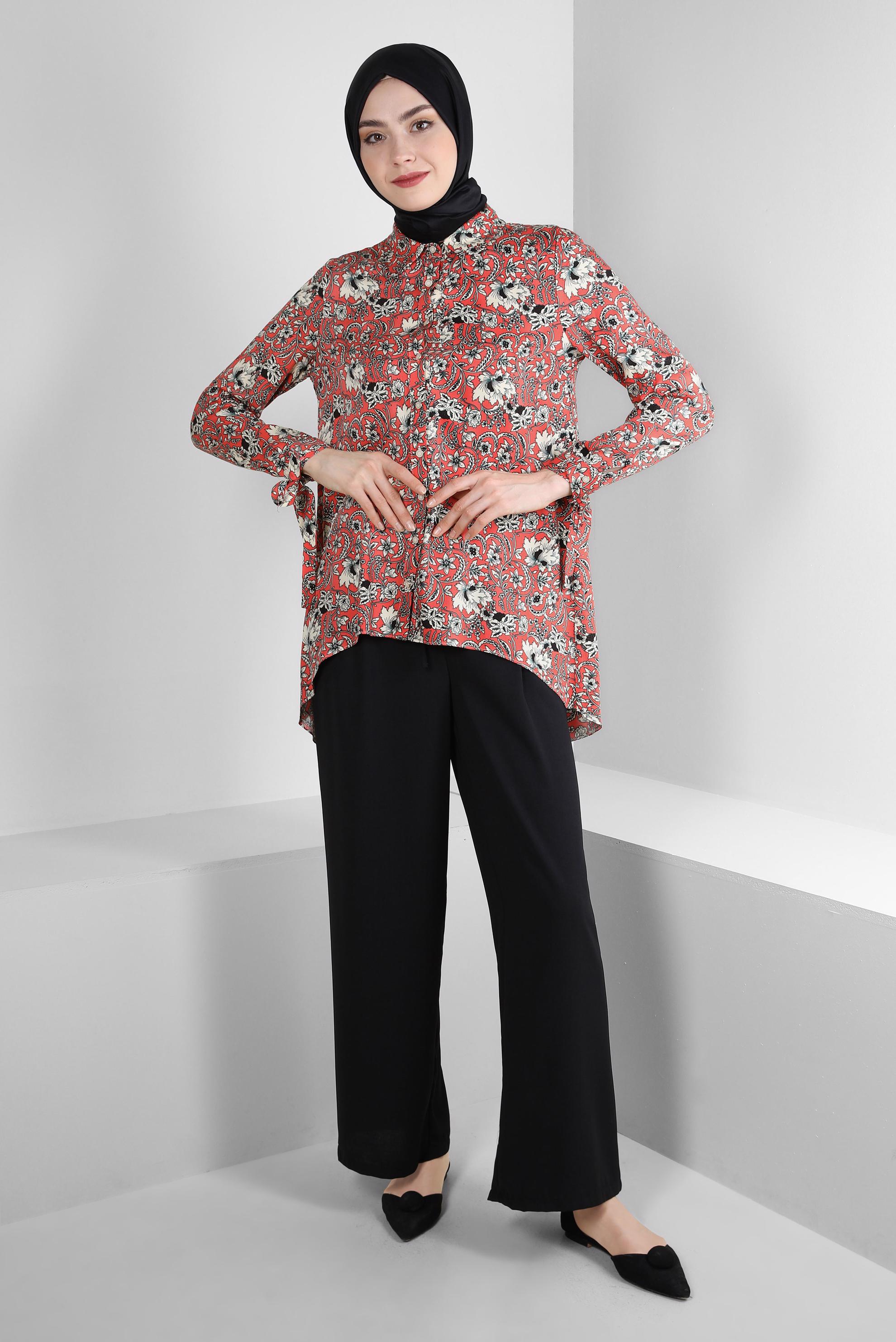 Tesettür giyim MERCAN DESENLİ MANŞETLERİ BAĞLAMA DETAYLI BLUZ 43714