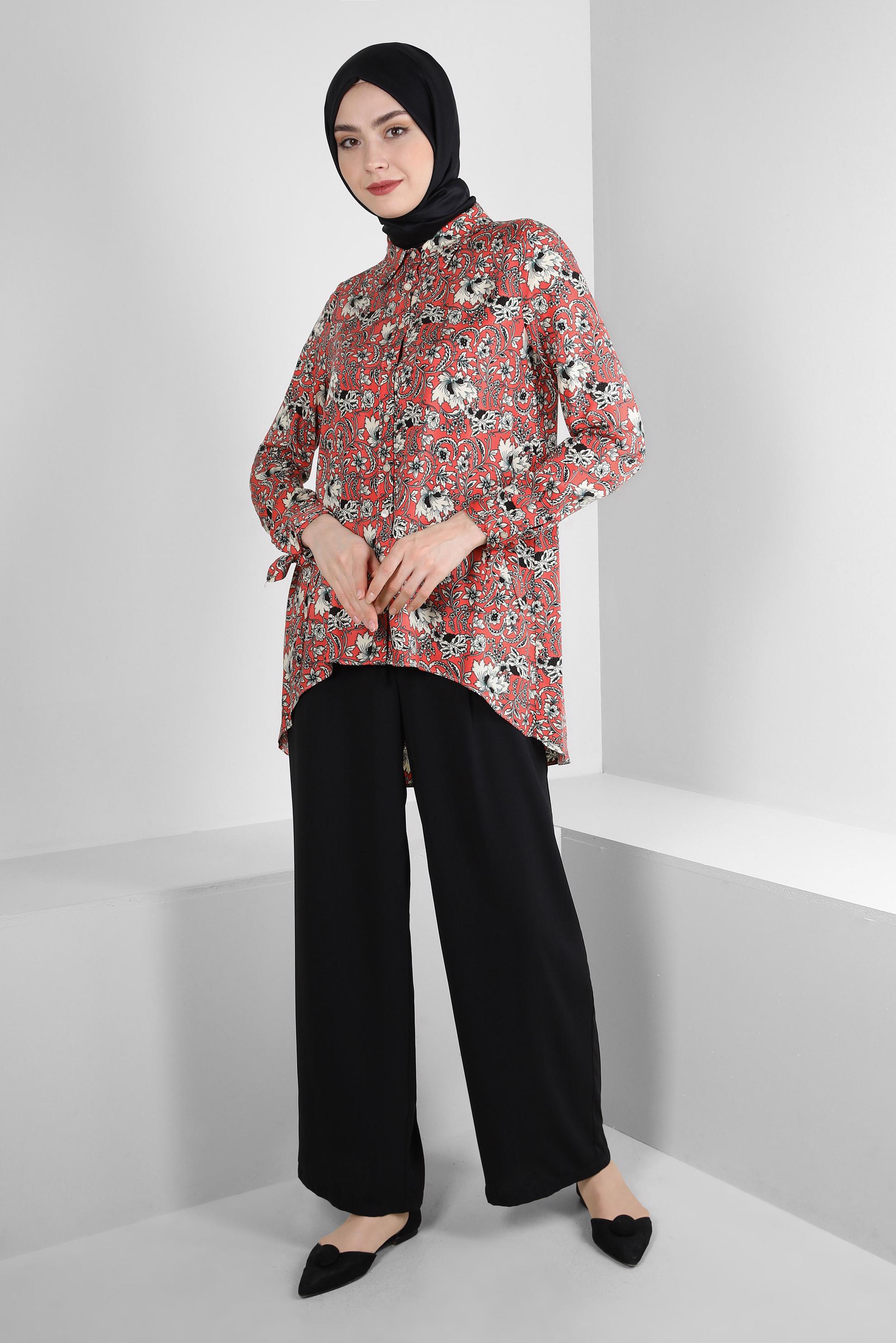 Tesettür giyim MERCAN DESENLİ MANŞETLERİ BAĞLAMA DETAYLI BLUZ 43714