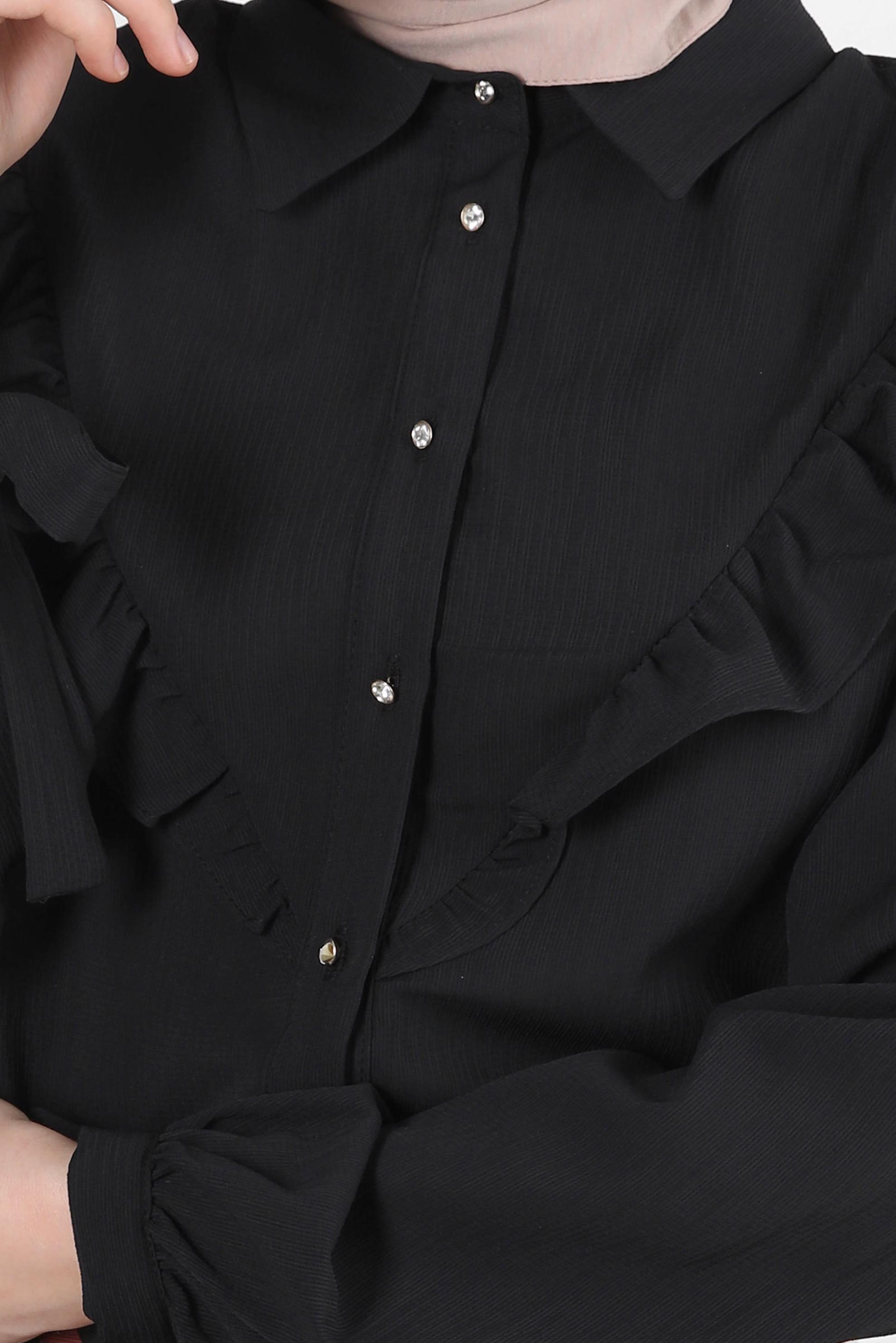 Tesettür giyim SİYAH FIRFIR DETAYLI DÜĞMELİ BLUZ 43777