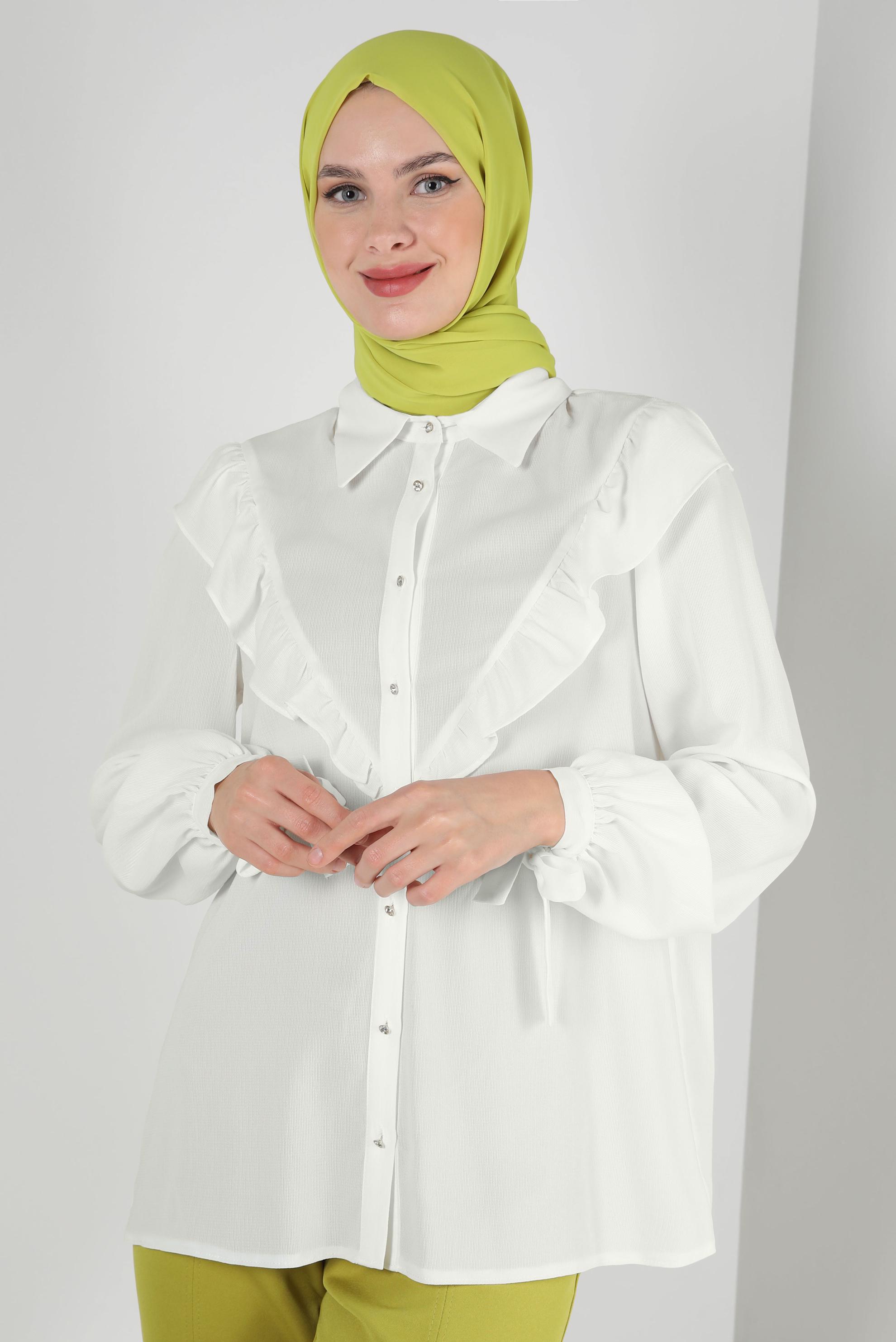 Tesettür giyim BEYAZ FIRFIR DETAYLI DÜĞMELİ BLUZ 43777