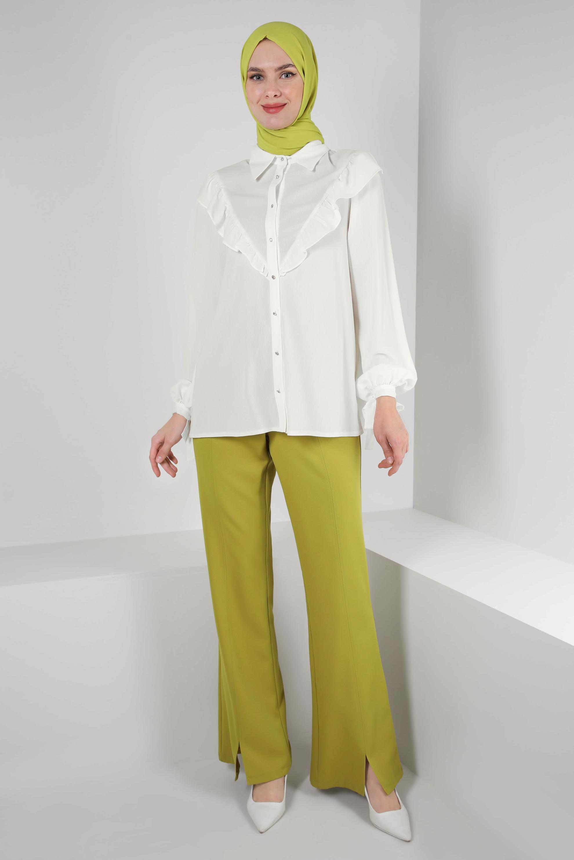 Tesettür giyim BEYAZ FIRFIR DETAYLI DÜĞMELİ BLUZ 43777