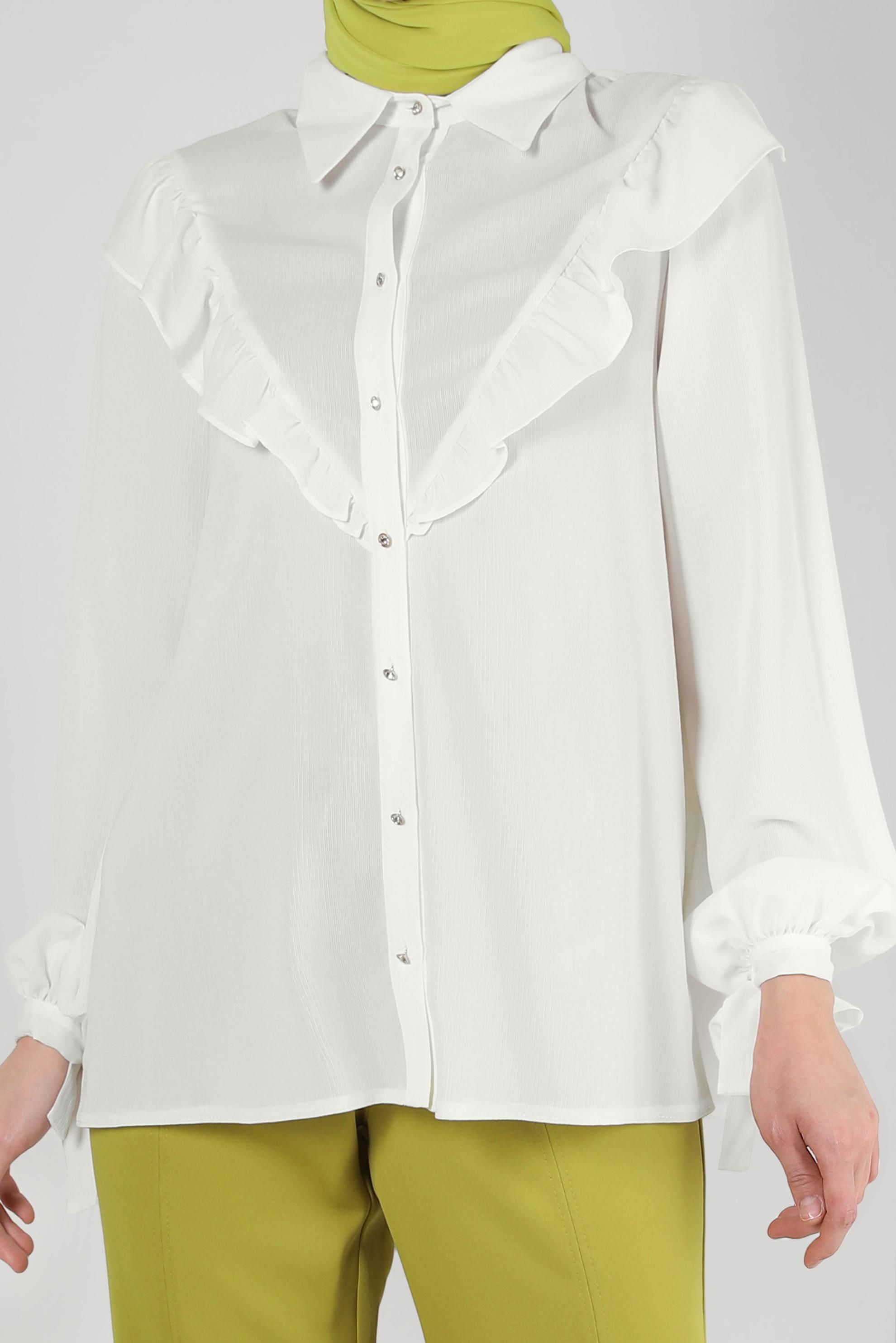 Tesettür giyim BEYAZ FIRFIR DETAYLI DÜĞMELİ BLUZ 43777