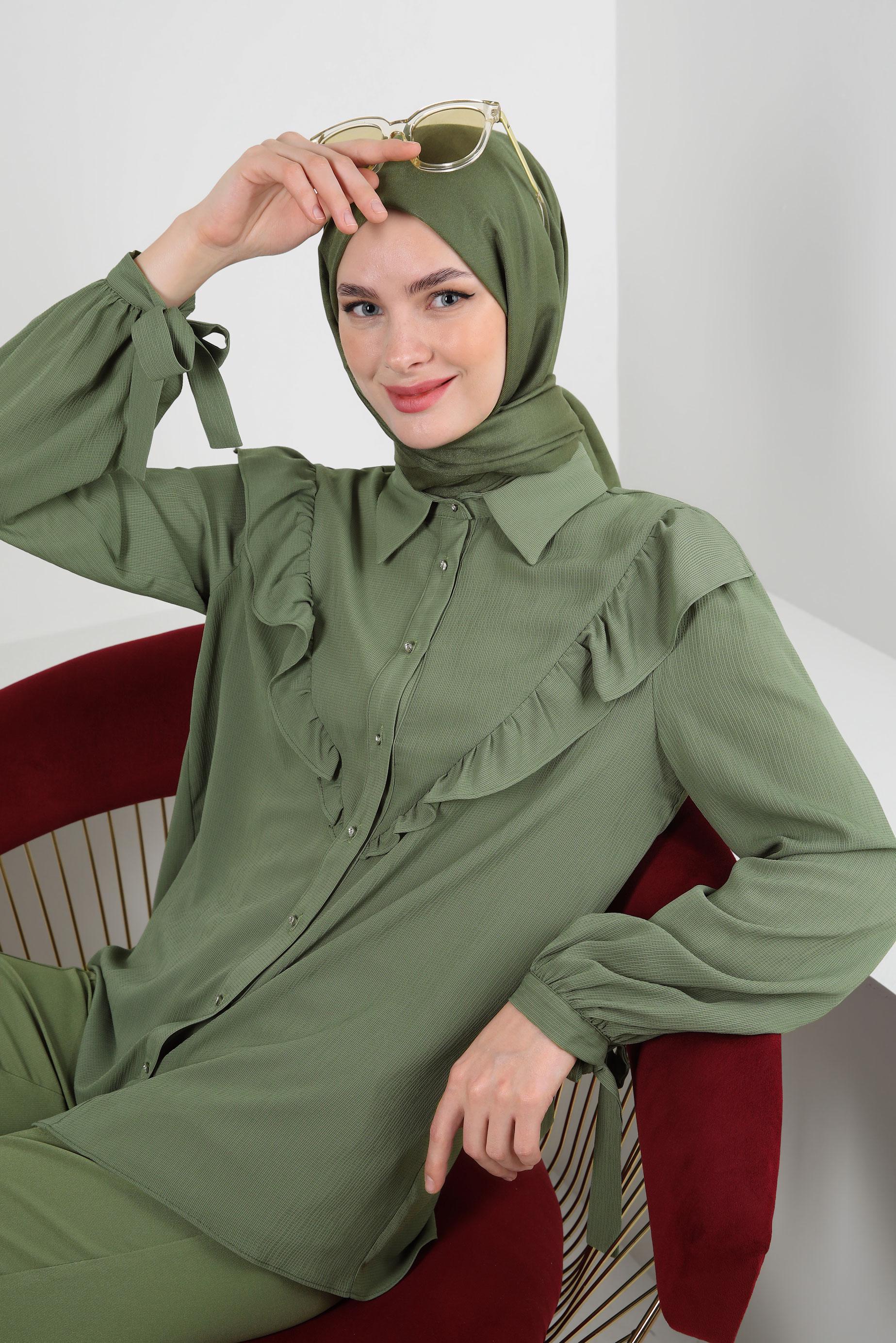 Tesettür giyim HAKİ FIRFIR DETAYLI DÜĞMELİ BLUZ 43777