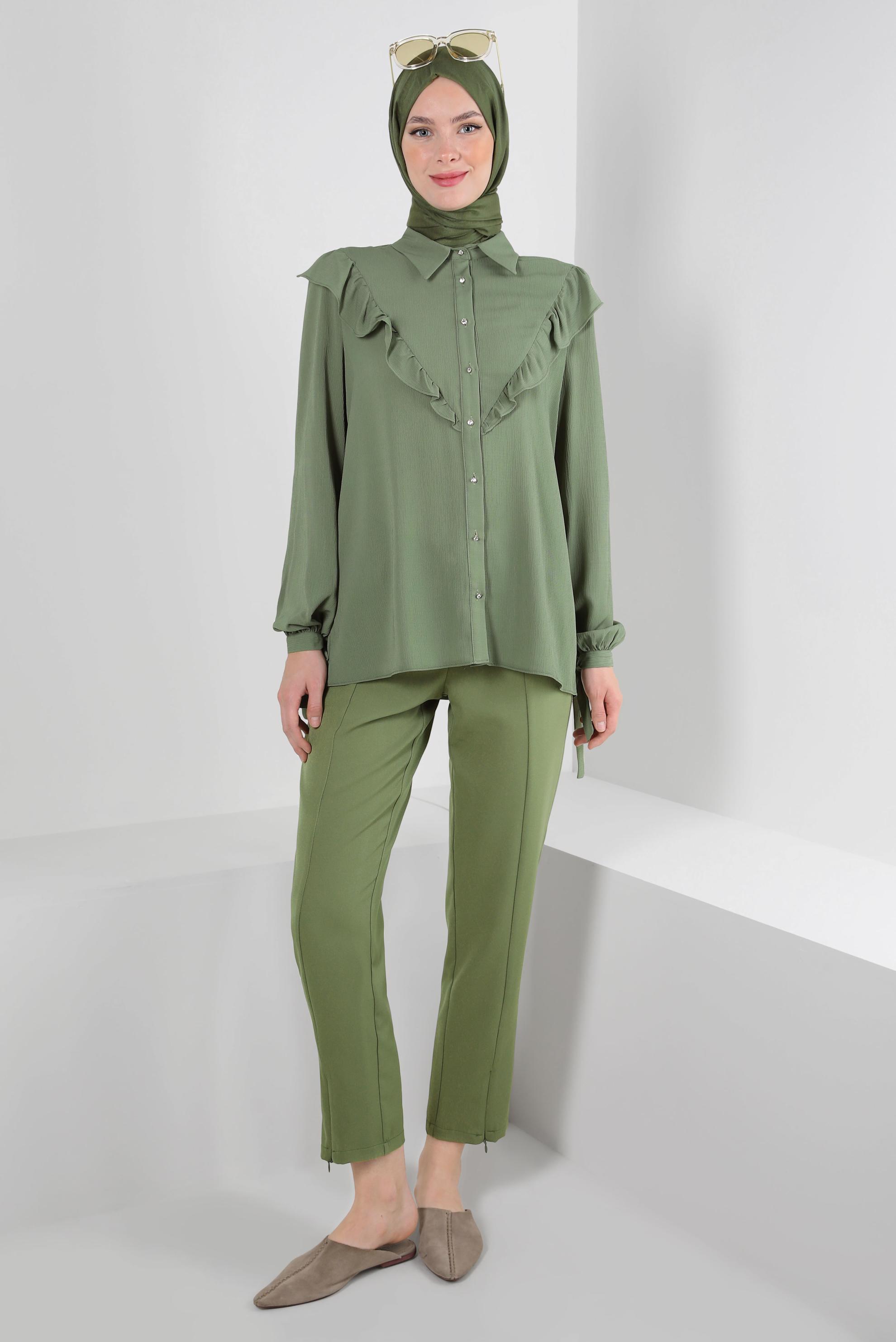 Tesettür giyim HAKİ FIRFIR DETAYLI DÜĞMELİ BLUZ 43777