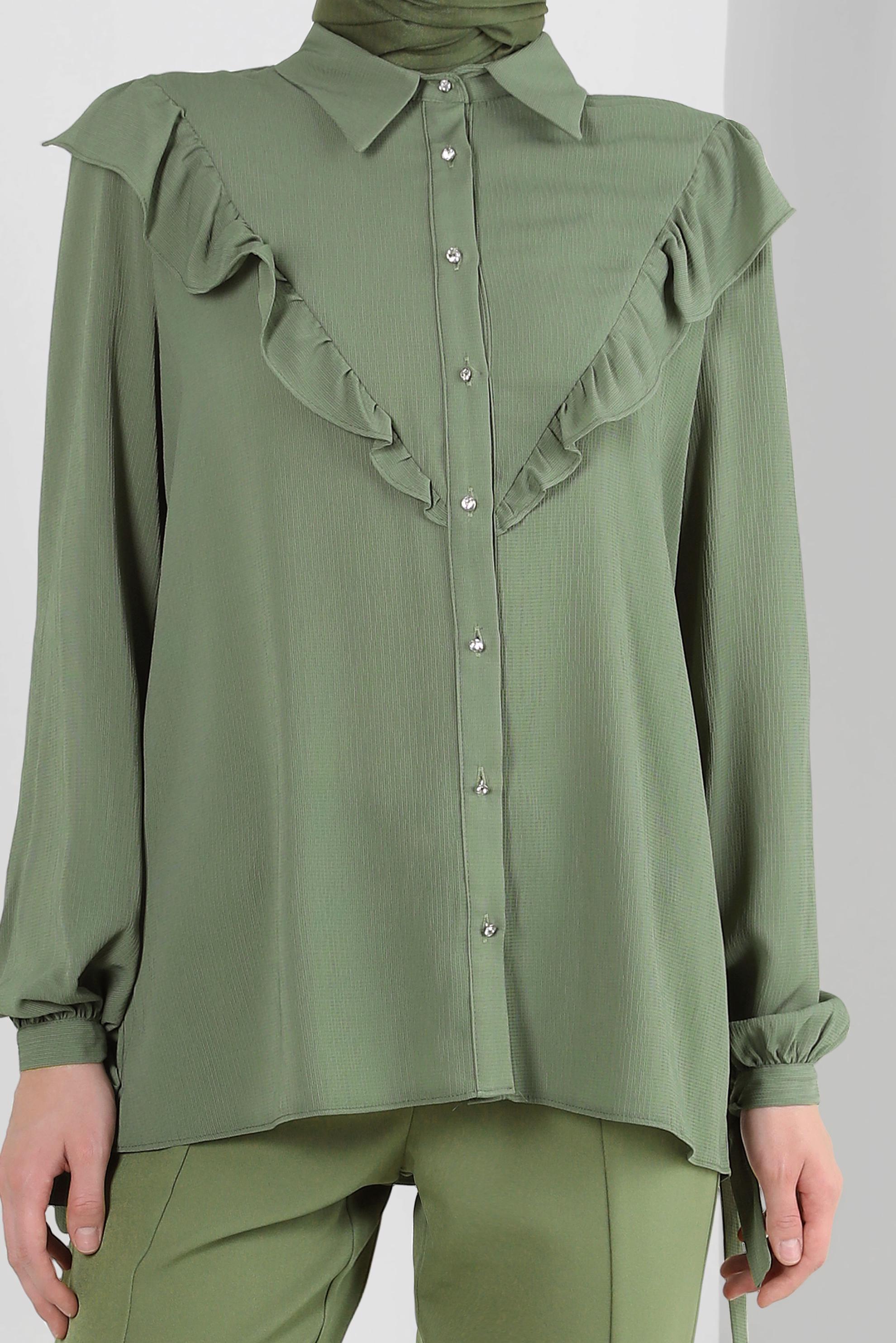 Tesettür giyim HAKİ FIRFIR DETAYLI DÜĞMELİ BLUZ 43777