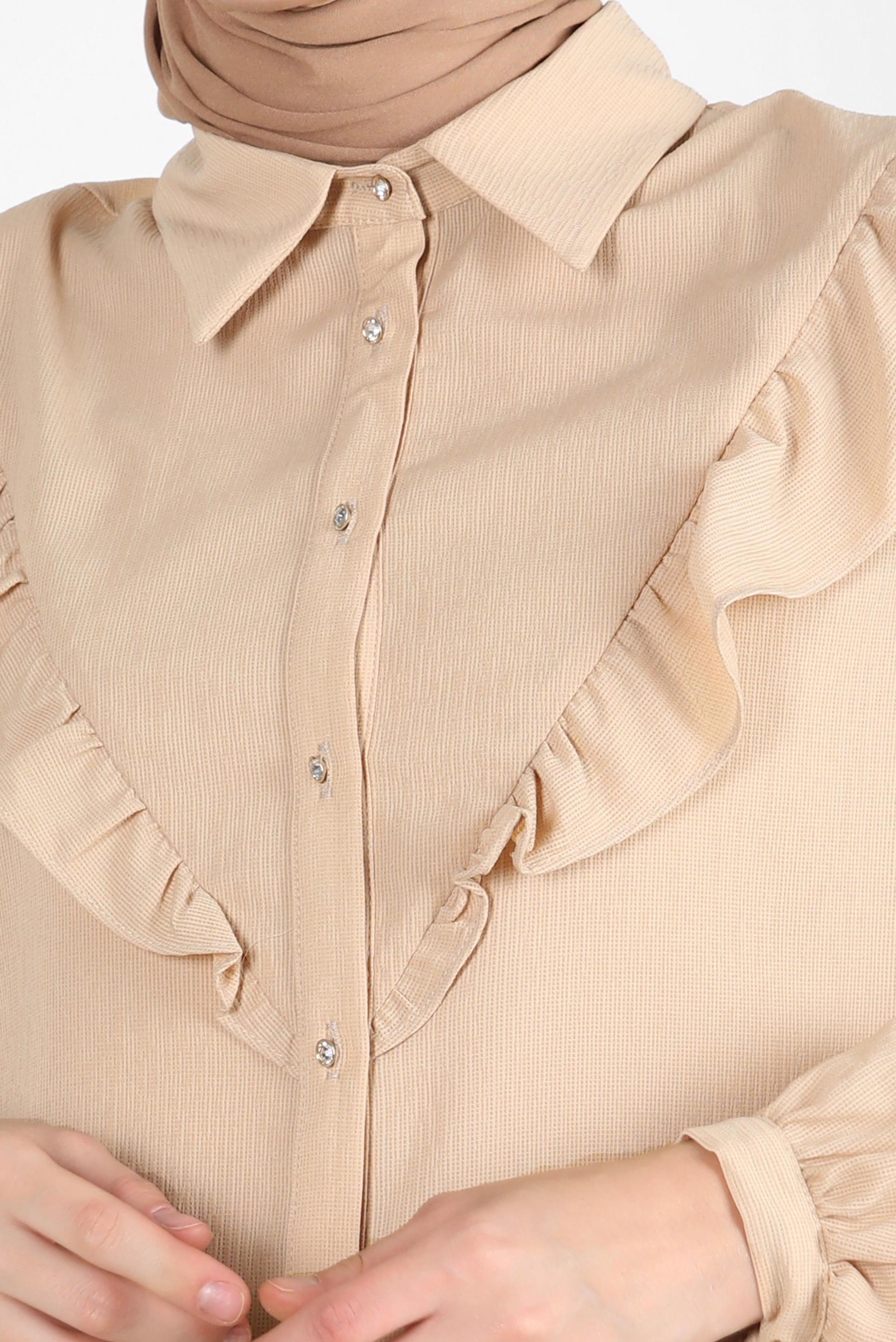 Tesettür giyim BEJ FIRFIR DETAYLI DÜĞMELİ BLUZ 43777