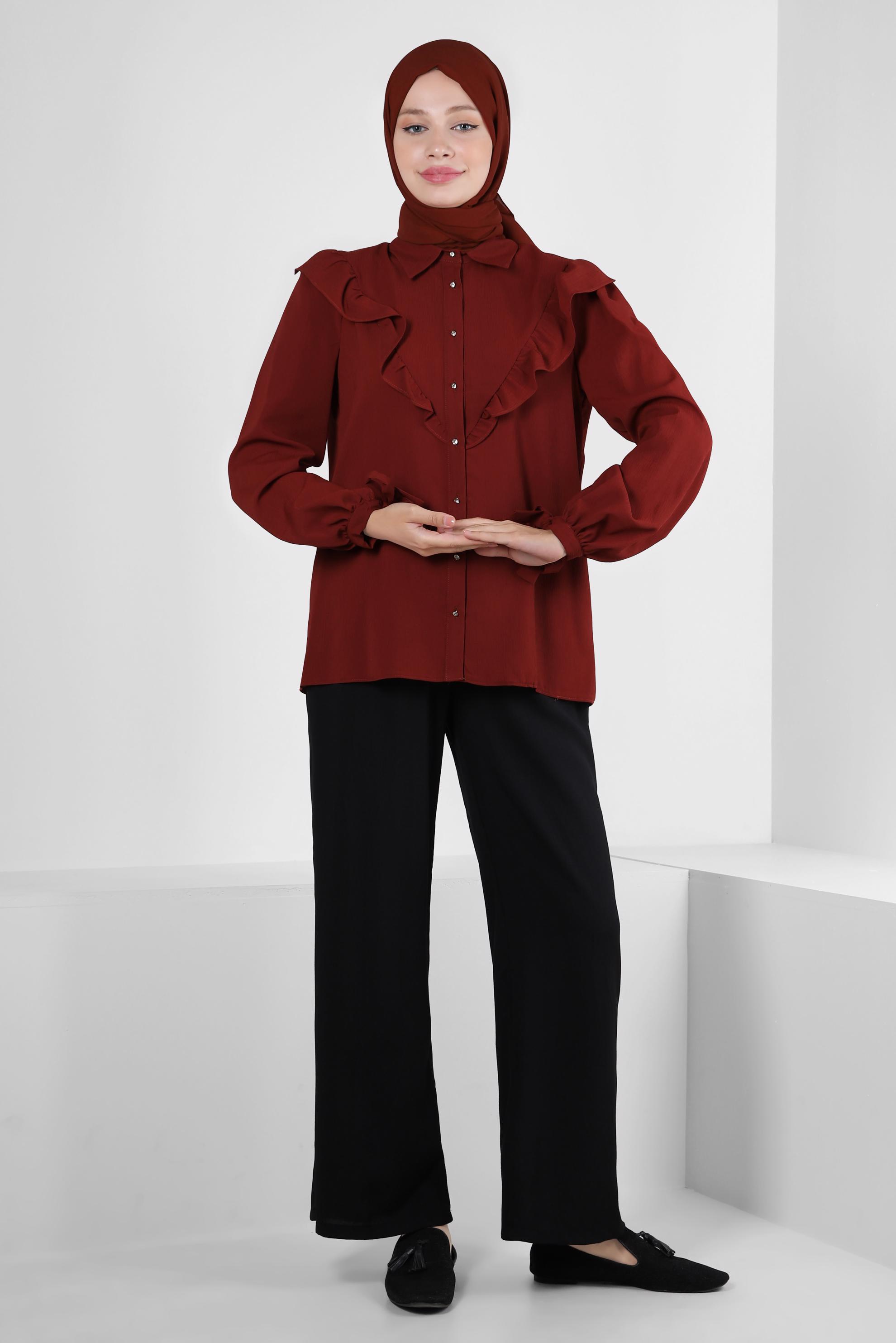 Tesettür giyim TURUNCU FIRFIR DETAYLI DÜĞMELİ BLUZ 43777