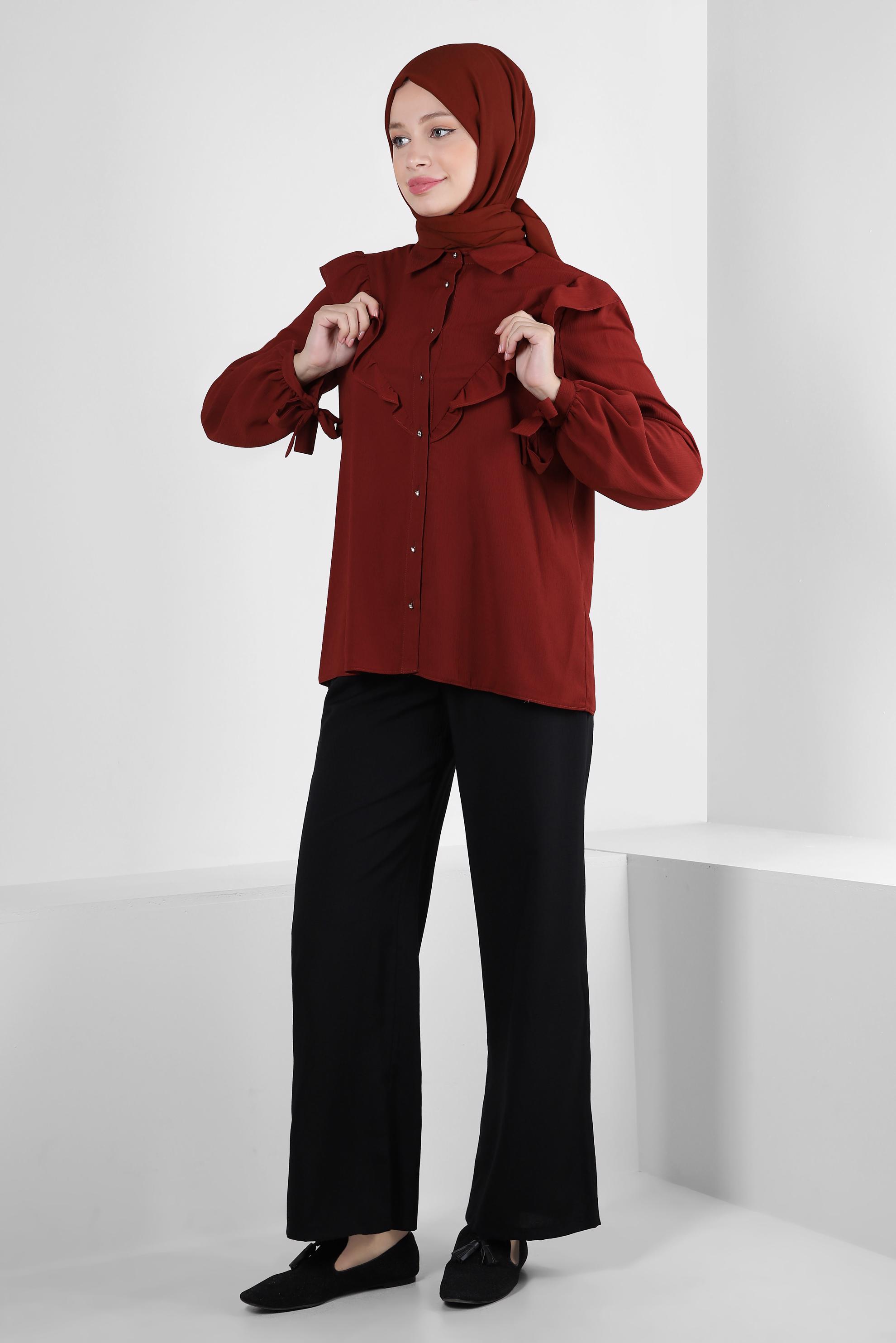 Tesettür giyim TURUNCU FIRFIR DETAYLI DÜĞMELİ BLUZ 43777