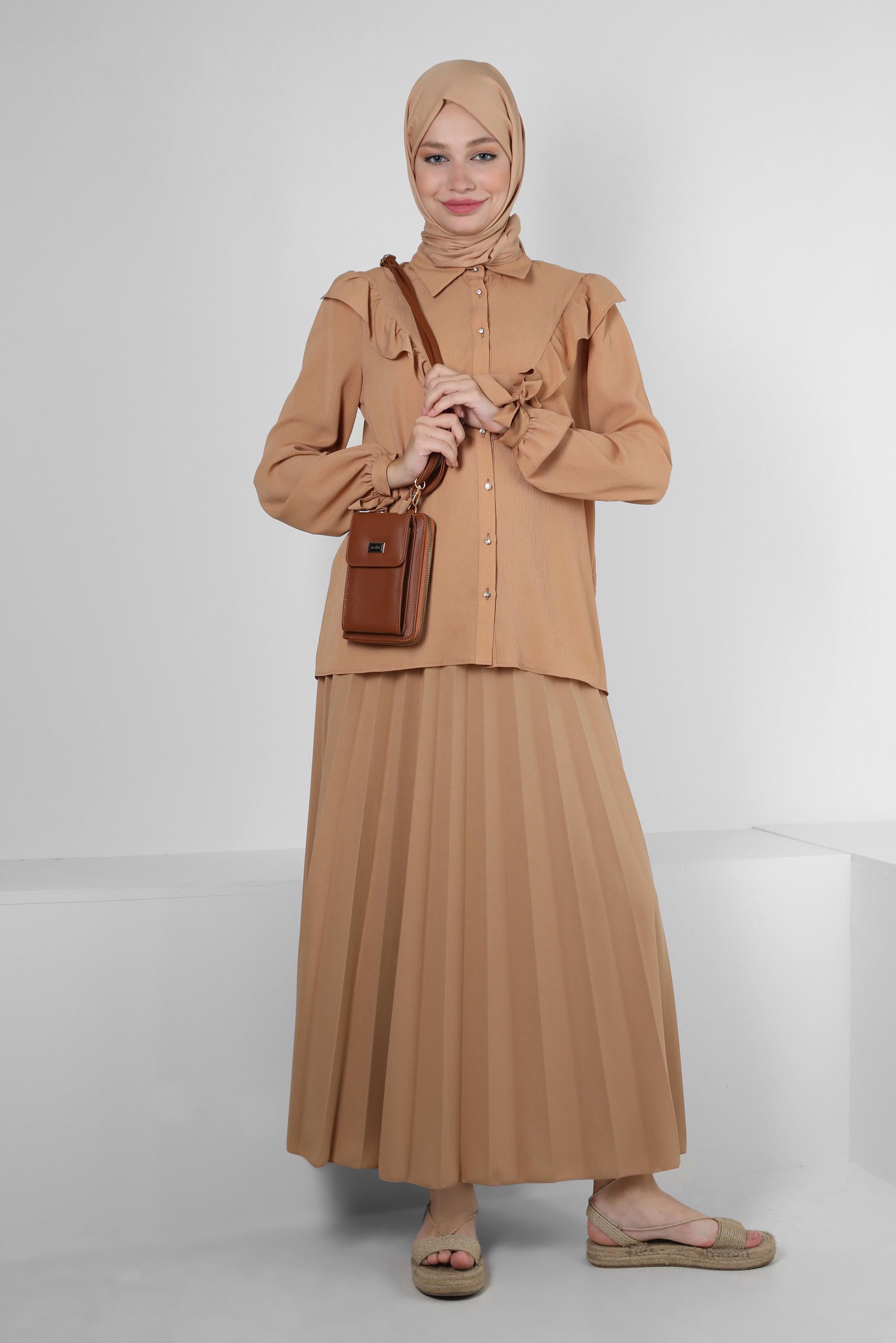 Tesettür giyim TABA FIRFIR DETAYLI DÜĞMELİ BLUZ 43777