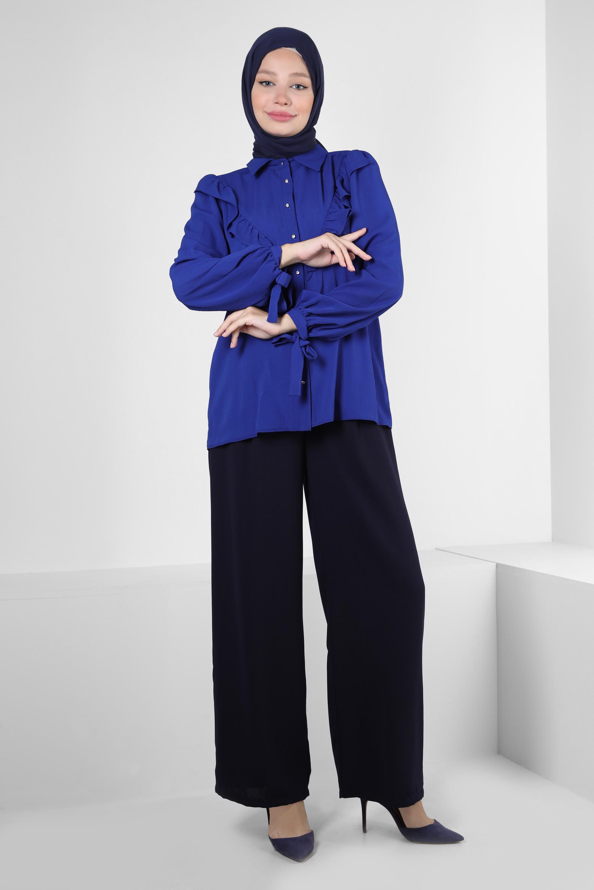 Tesettür giyim LACİVERT FIRFIR DETAYLI DÜĞMELİ BLUZ 43777