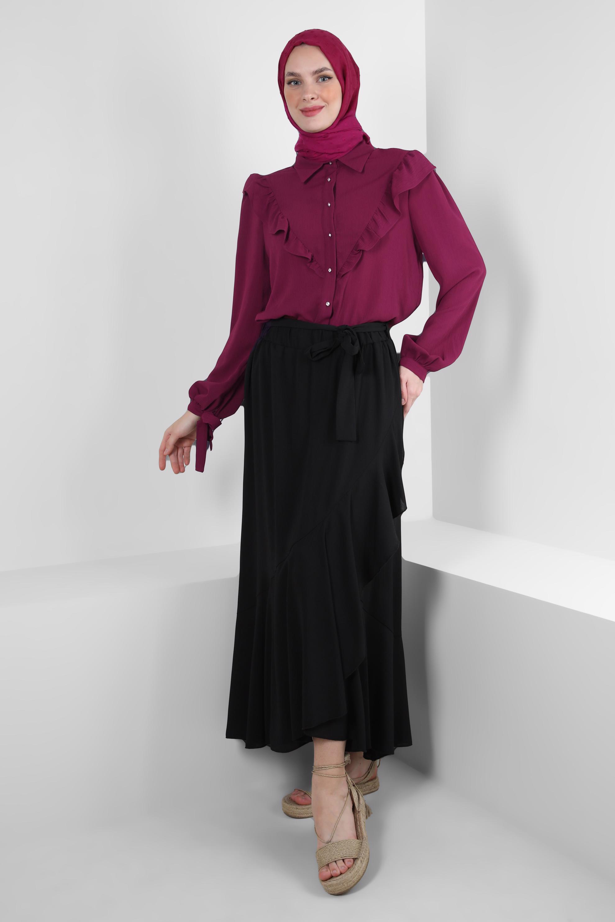 Tesettür giyim MOR FIRFIR DETAYLI DÜĞMELİ BLUZ 43777