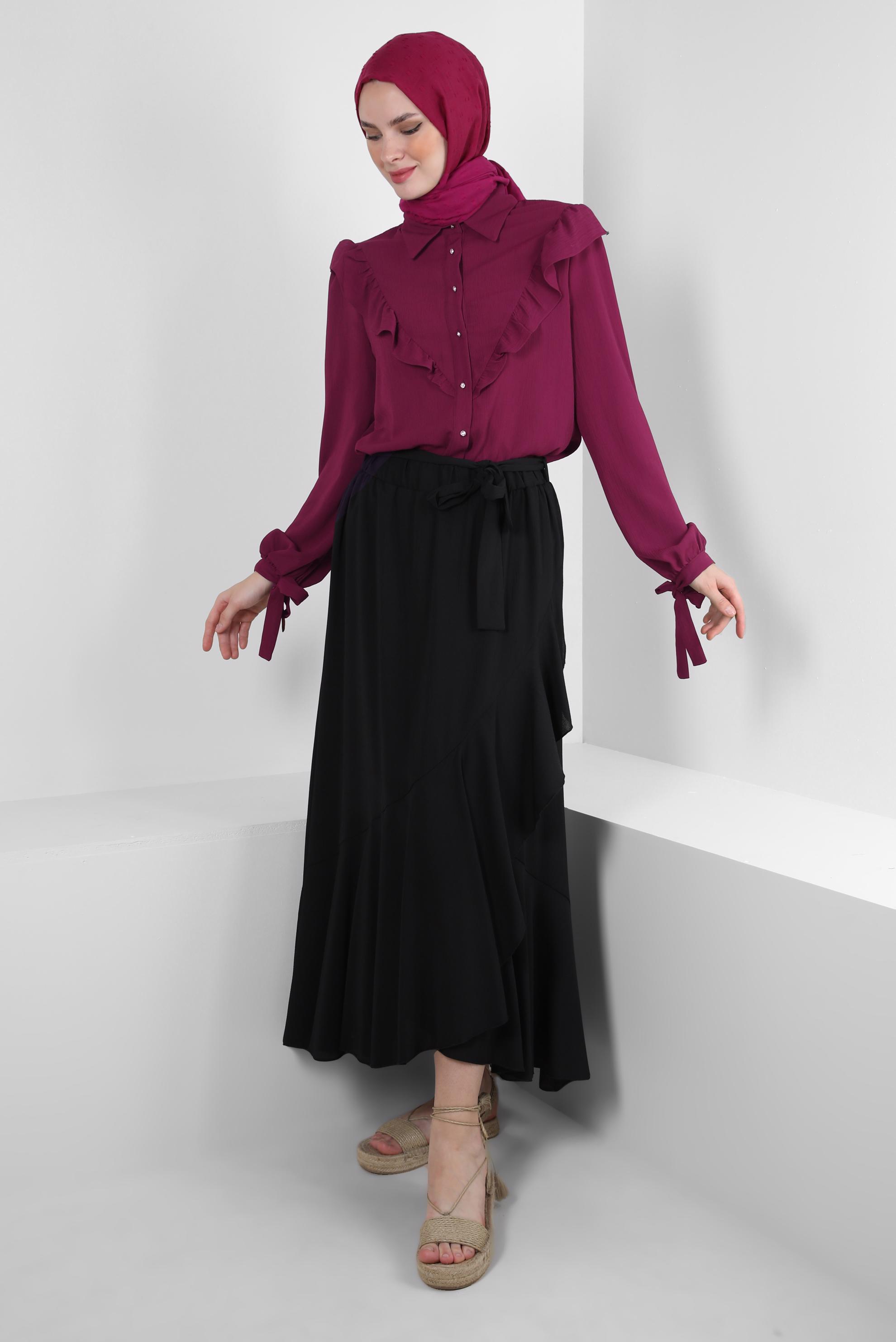 Tesettür giyim MOR FIRFIR DETAYLI DÜĞMELİ BLUZ 43777