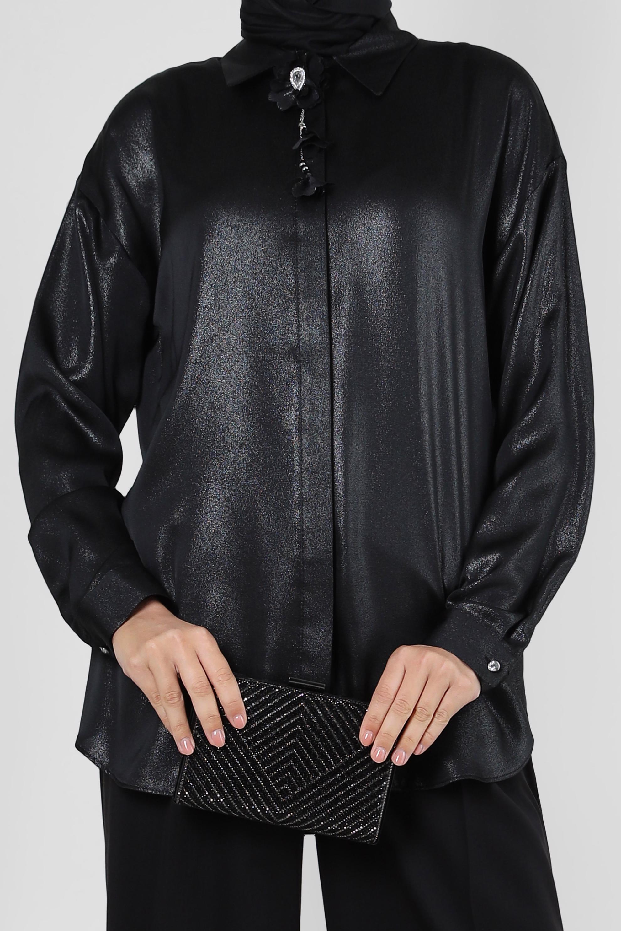 Tesettür giyim SİYAH ÇİÇEK DETAYLI GÖMLEK YAKA BLUZ 43799