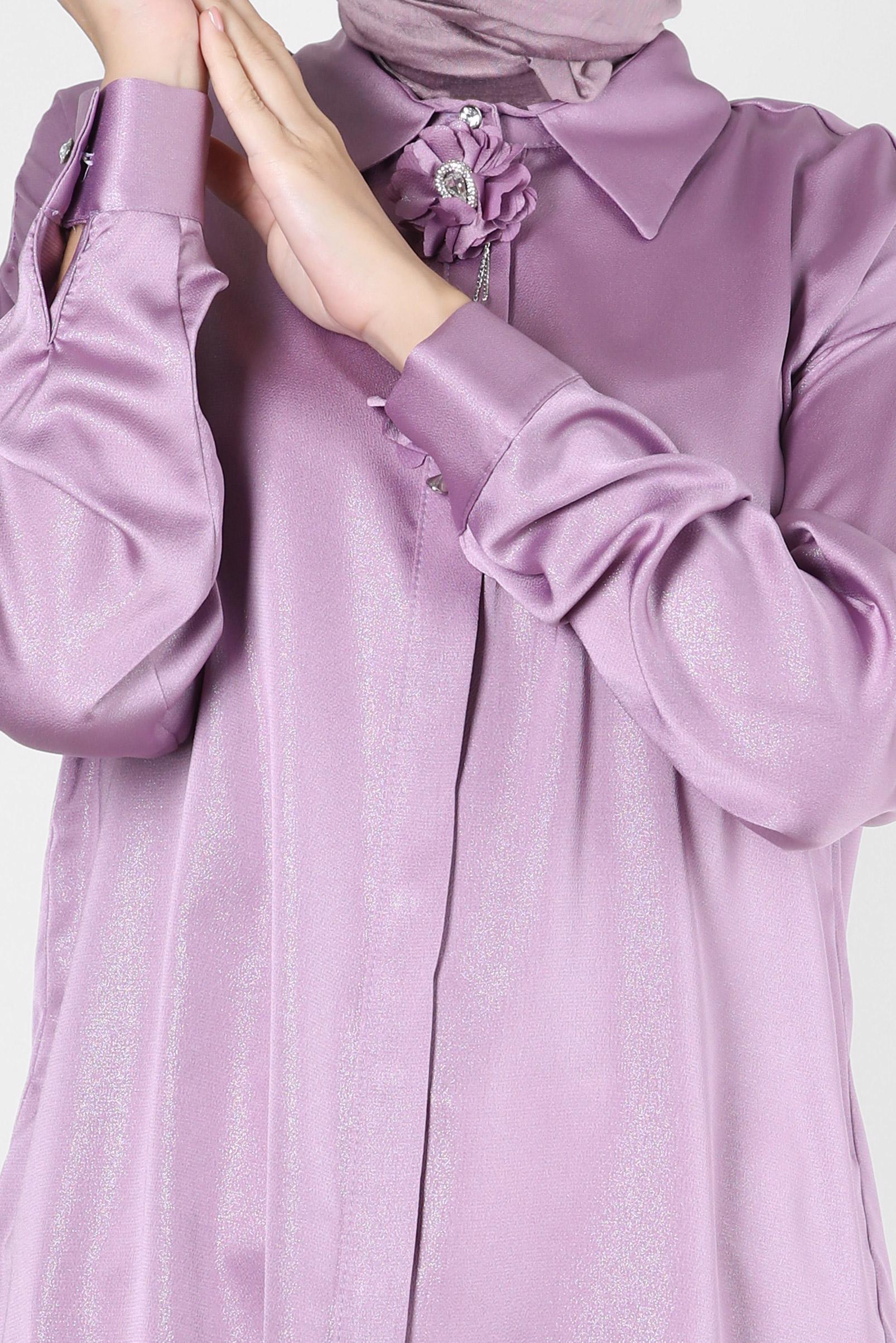 Tesettür giyim MOR ÇİÇEK DETAYLI GÖMLEK YAKA BLUZ 43799