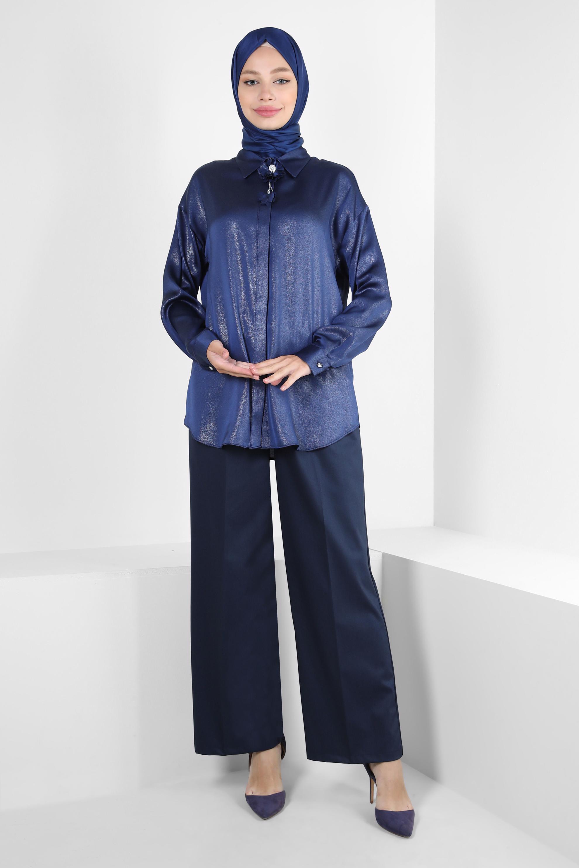 Vêtements hijab BLEU MARINE BLOUSE DÉTAILLÉE FLEUR 43799