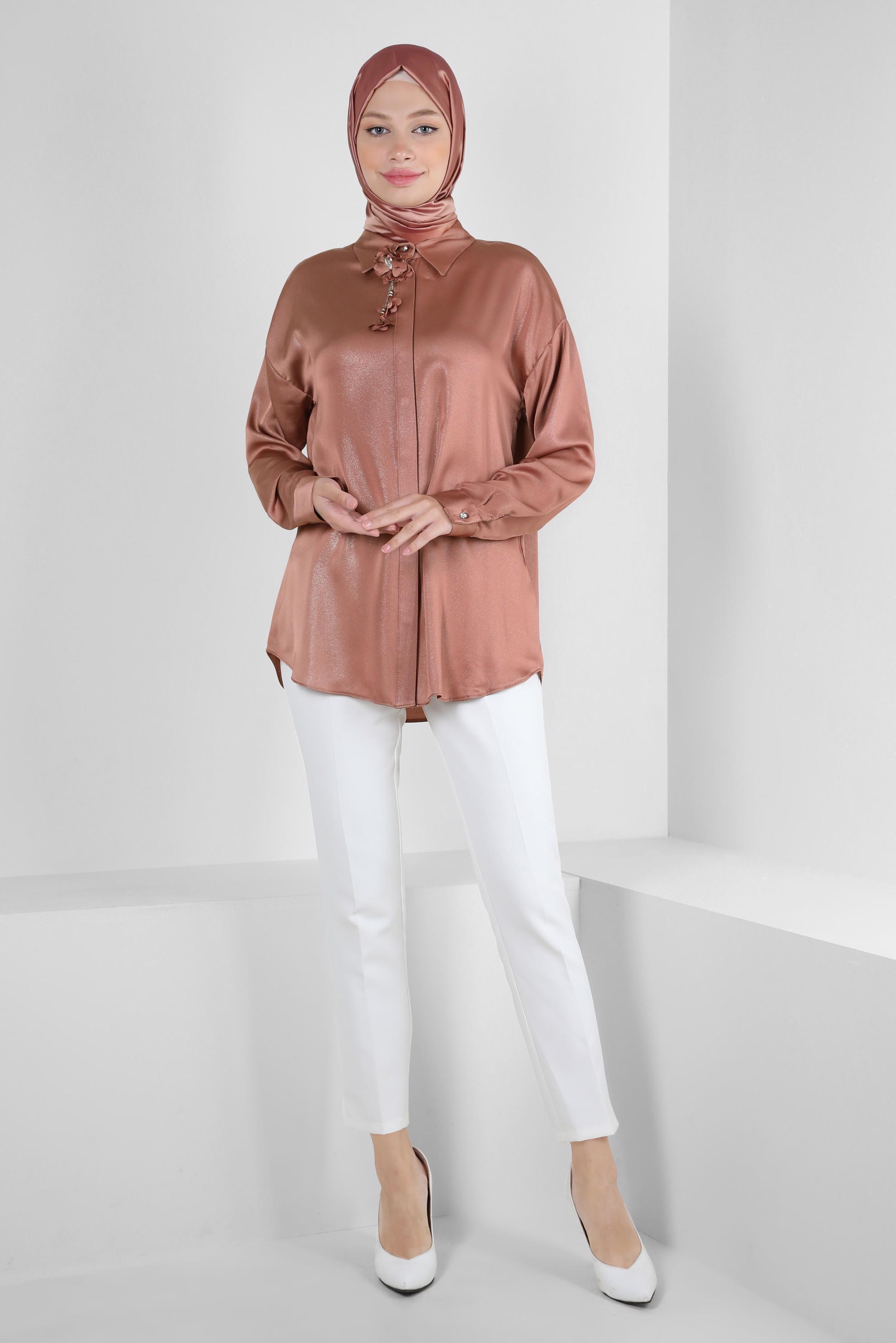 Tesettür giyim KAHVE ÇİÇEK DETAYLI GÖMLEK YAKA BLUZ 43799