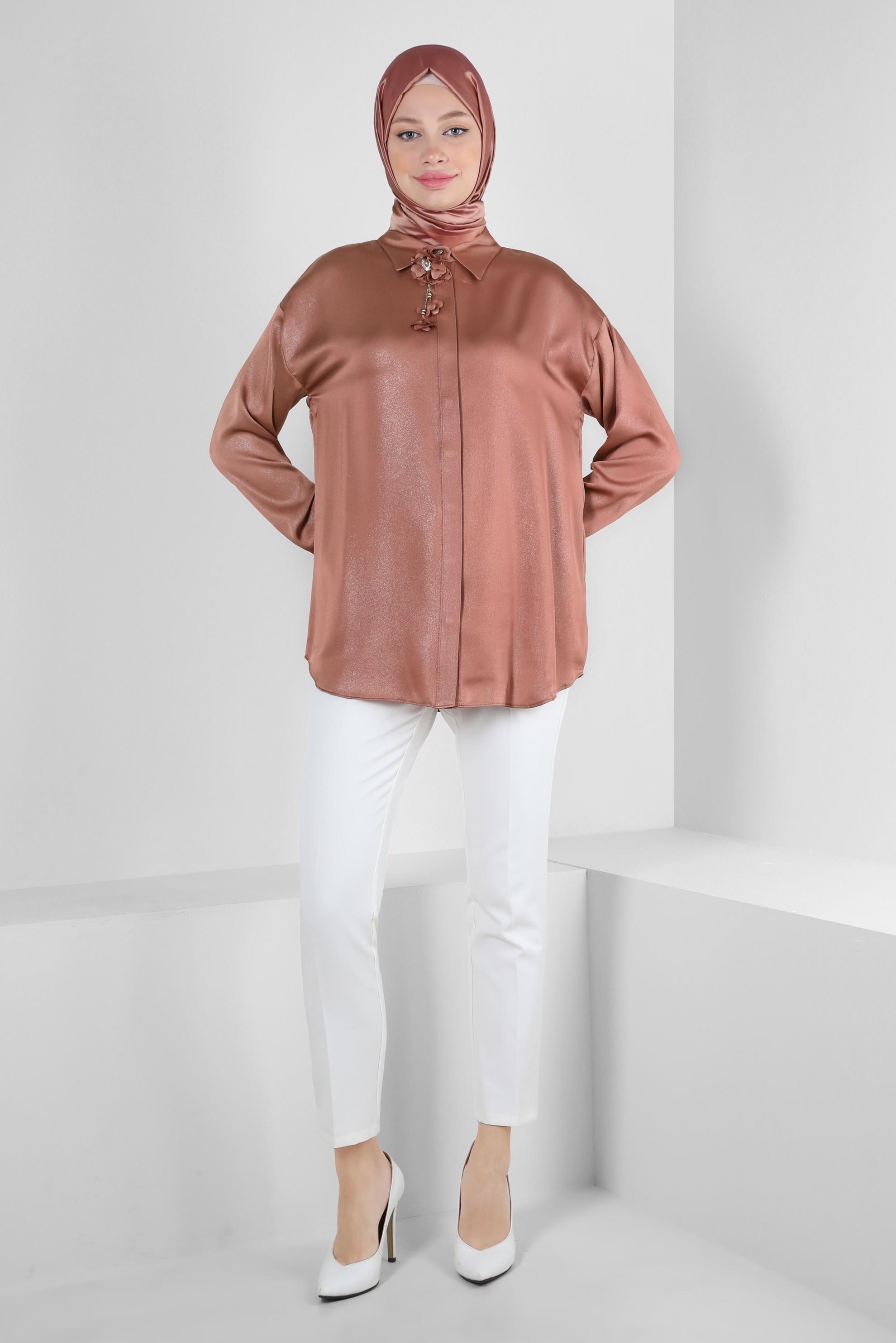 Tesettür giyim KAHVE ÇİÇEK DETAYLI GÖMLEK YAKA BLUZ 43799