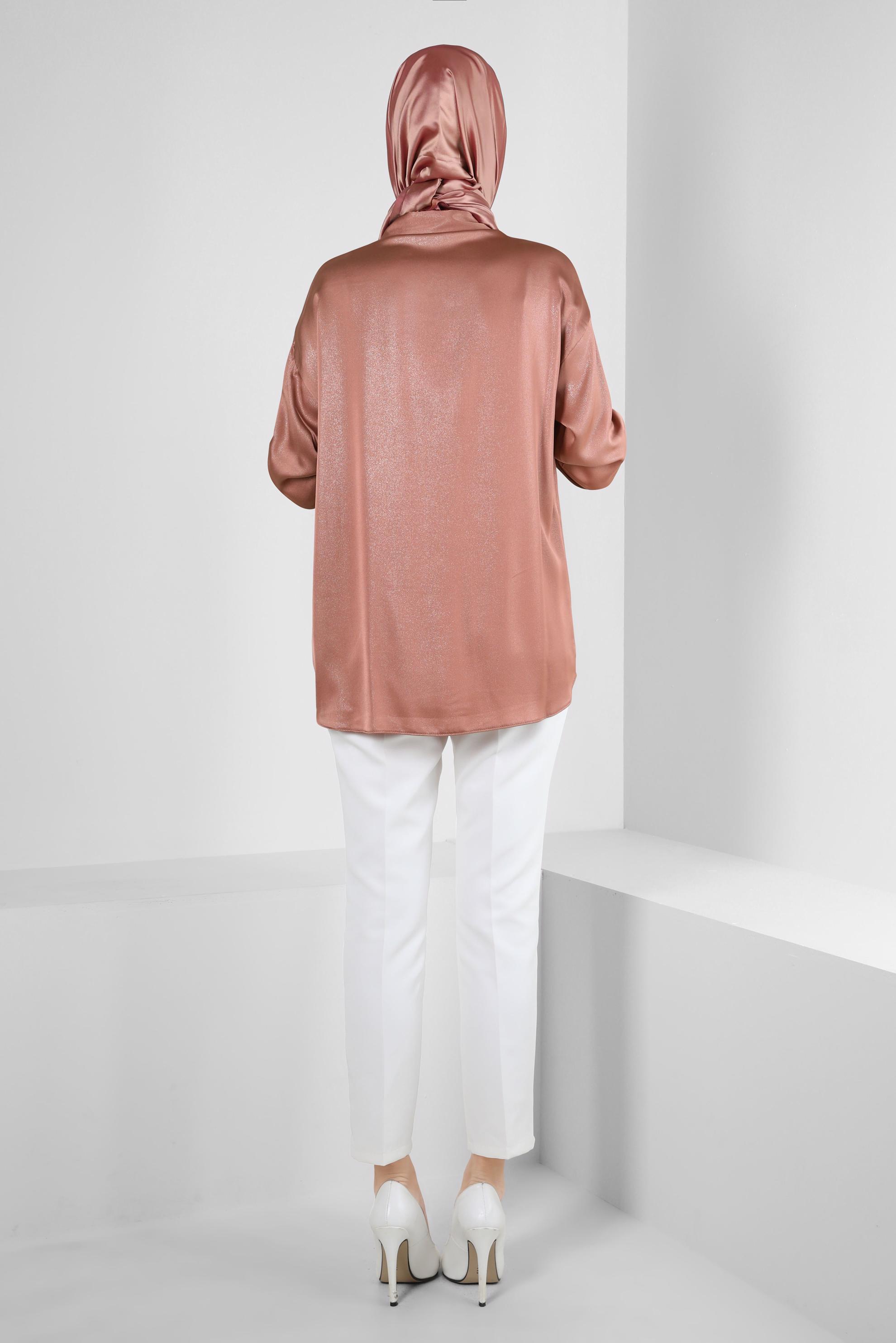 Tesettür giyim KAHVE ÇİÇEK DETAYLI GÖMLEK YAKA BLUZ 43799