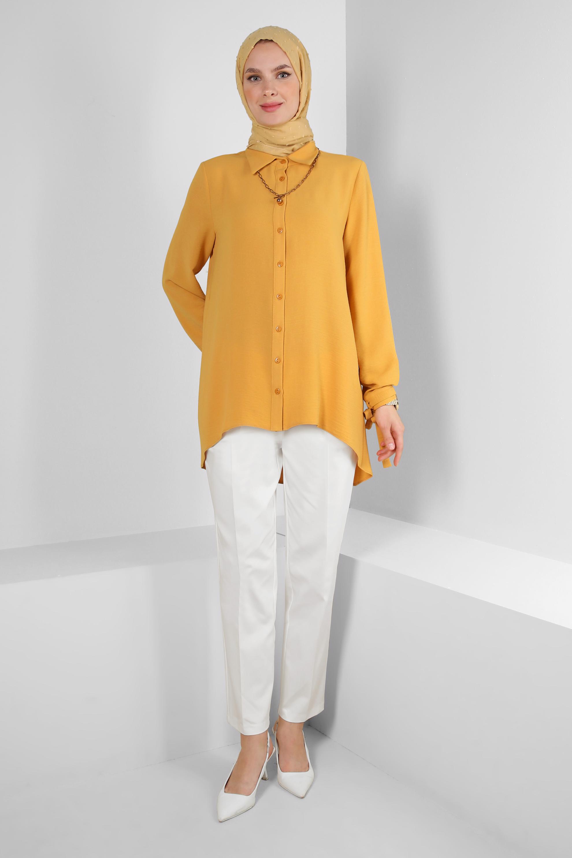 Tesettür giyim SARI ASİMETRİK KESİM DÜĞMELİ BLUZ 43801