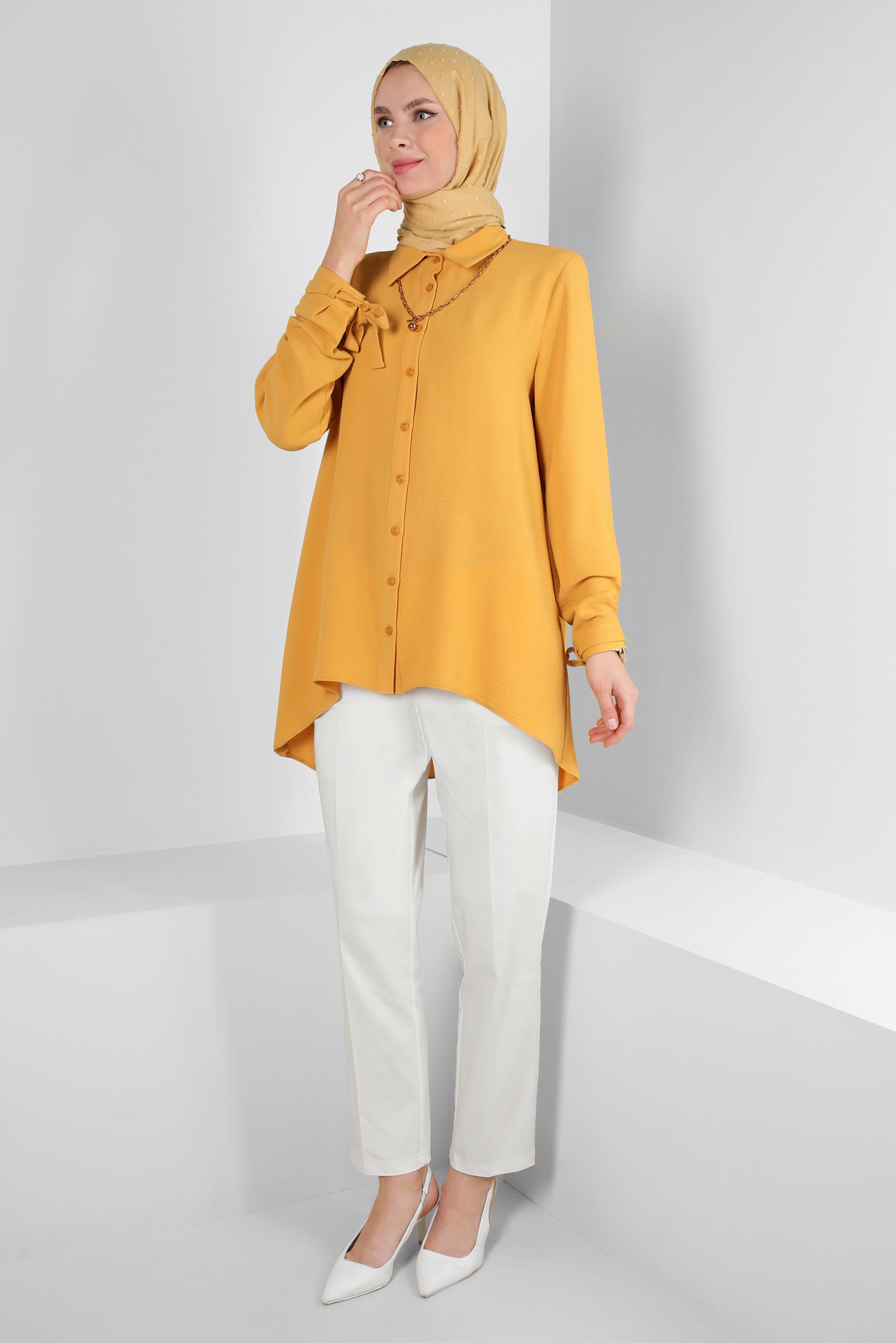 Tesettür giyim SARI ASİMETRİK KESİM DÜĞMELİ BLUZ 43801