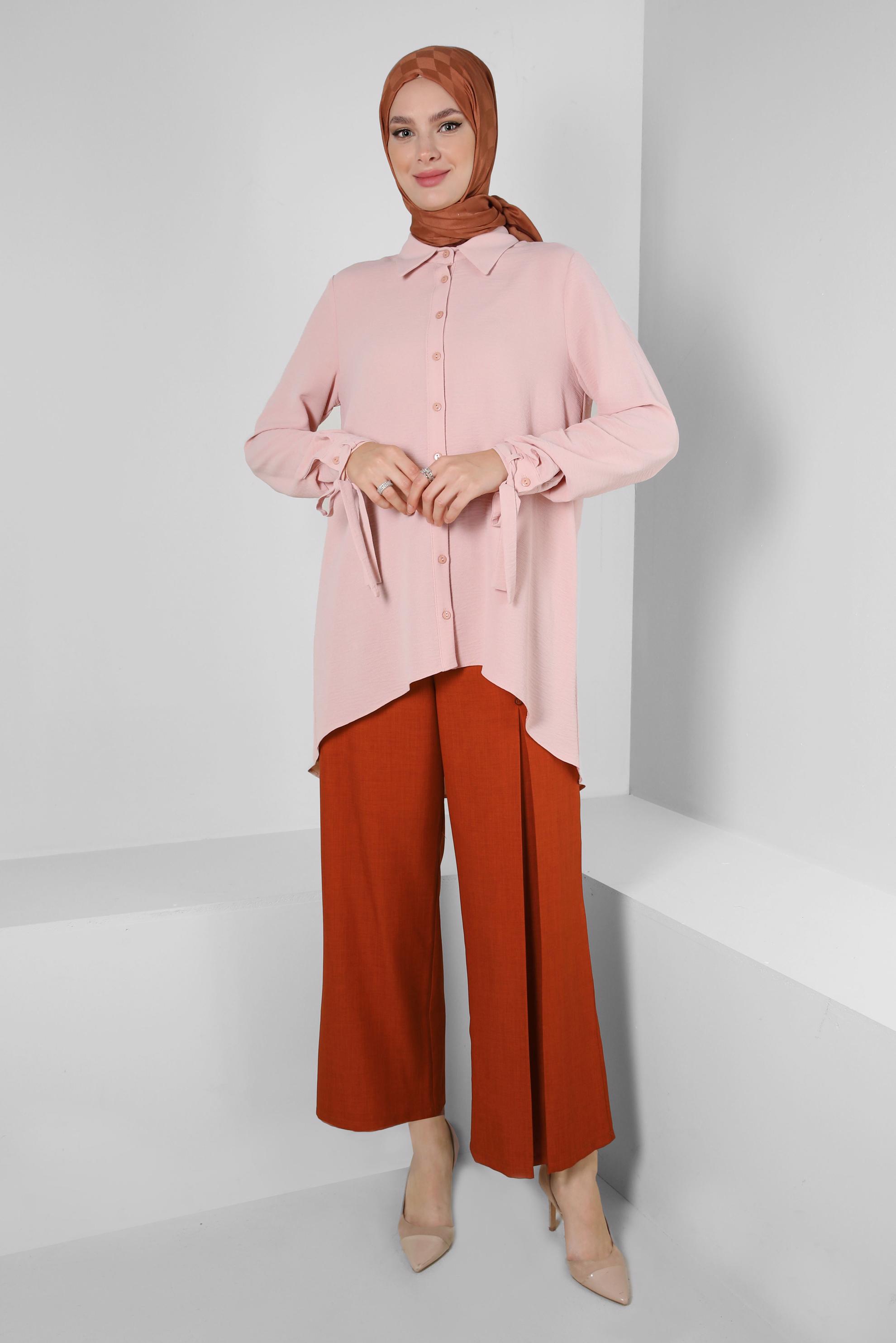 Tesettür giyim PUDRA ASİMETRİK KESİM DÜĞMELİ BLUZ 43801
