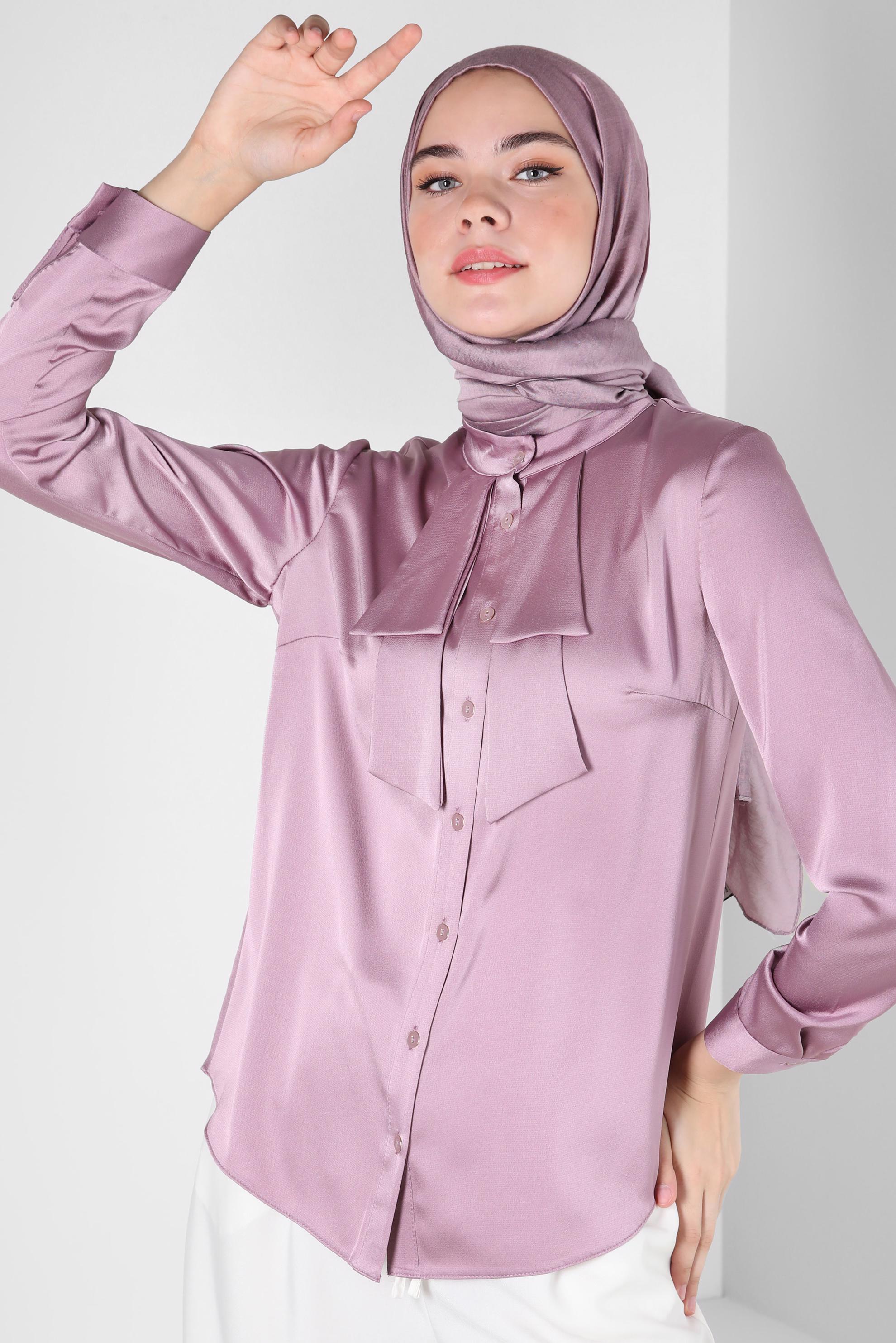 Tesettür giyim MOR DÜĞMELİ SATEN BLUZ 43867