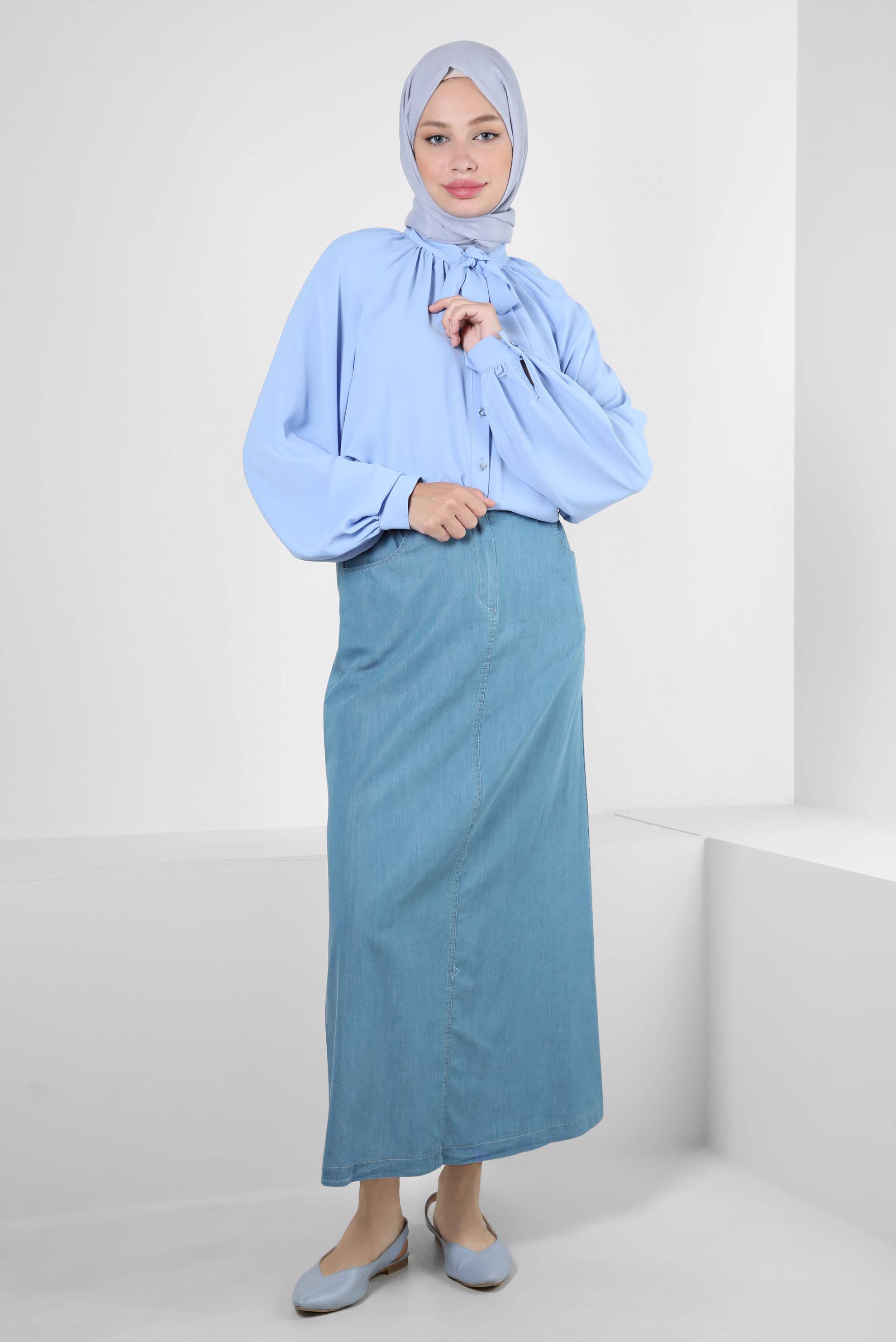 Tesettür giyim MAVİ YAKASI BAĞLAMA DETAYLI BLUZ 43869